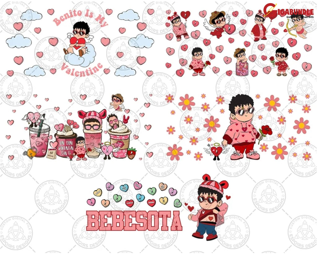 10+ Valentine Bad Bunny Glass Can Wrap Png Bundle Happy 16Oz Libbey Trendy Instant Download
