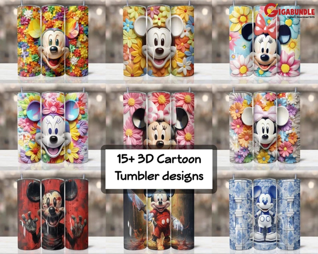 15+ Files 3D Mouse Cartoon Character Flowers Tumbler Design Png Skinny Wrap 20 Oz Digital Instant