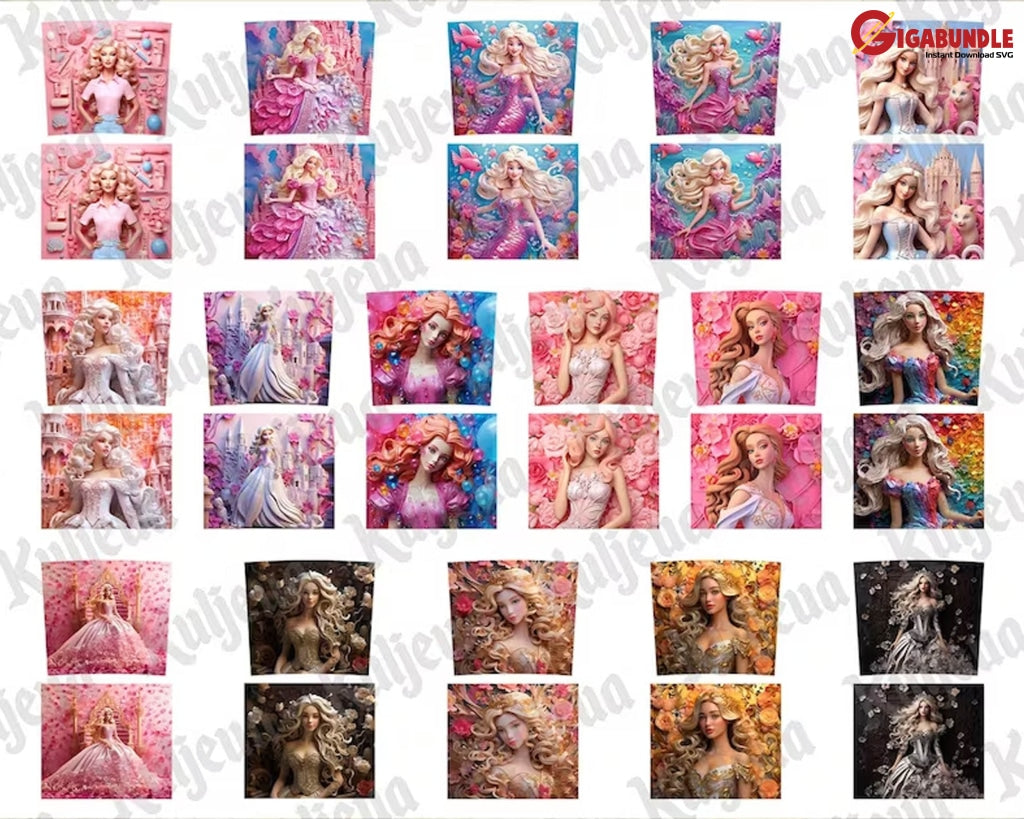 30+ 3D All Styles Princess 20Oz Skinny Tumbler Floral Cartoon Bundle Doll Design Png Instant