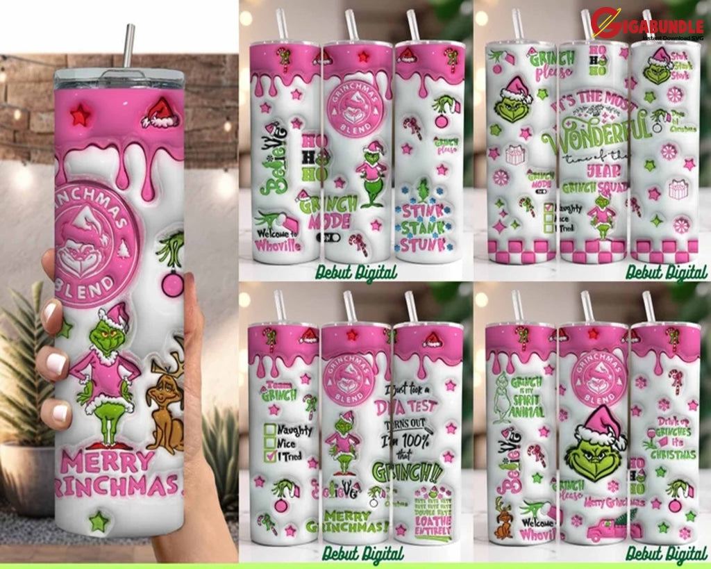 3D Inflated Pink Grinch Christmas 20 Oz Skinny Tumbler PNG