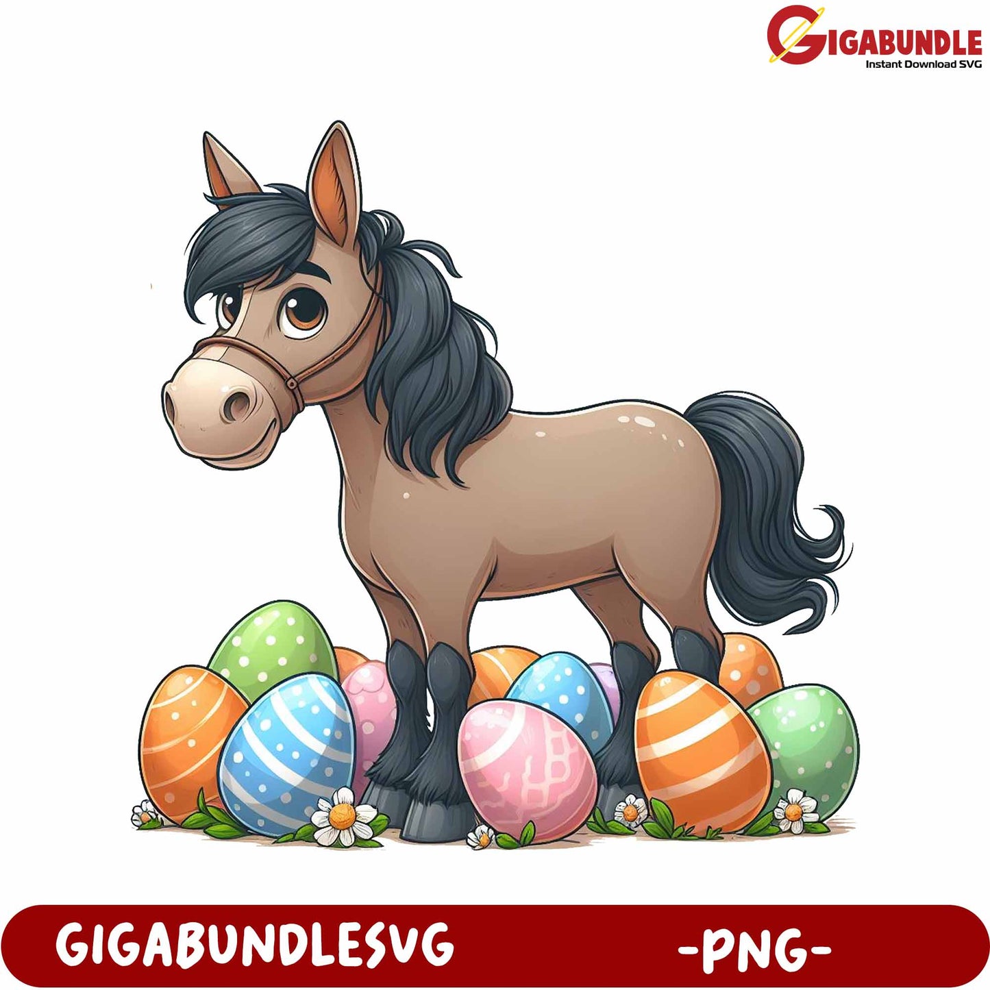Adorable Cartoon Horse with Colorful Easter Eggs PNG Image
