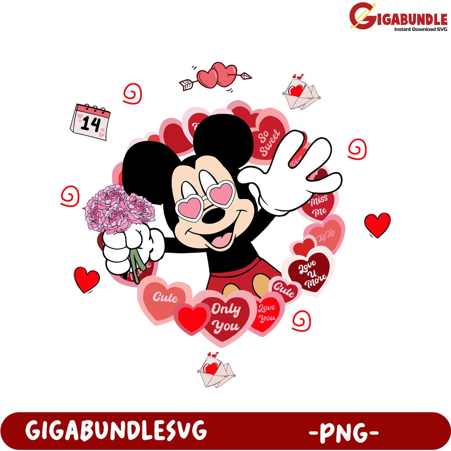 Adorable Valentine’s Day Mickey Mouse PNG with Hearts and Flowers
