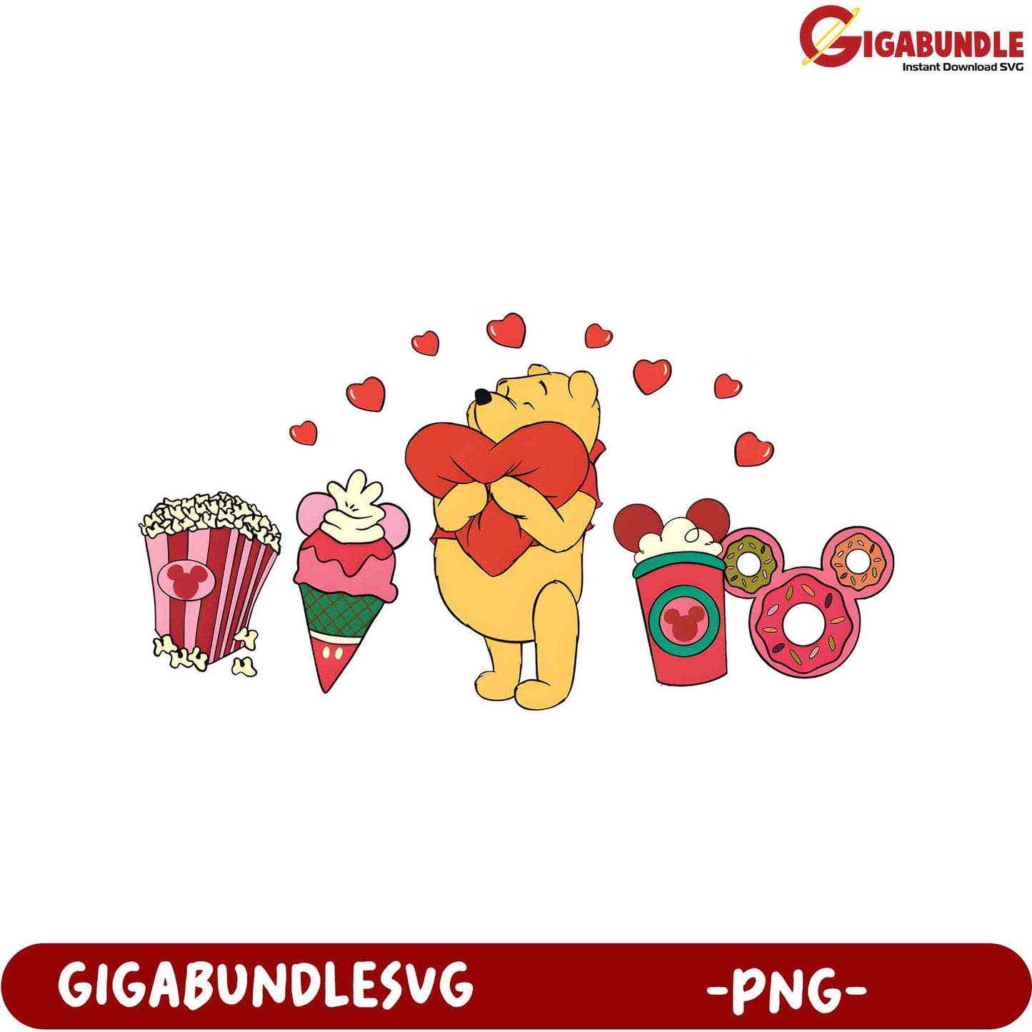 Adorable Winnie the Pooh PNG with Sweet Treats and Love Hearts
