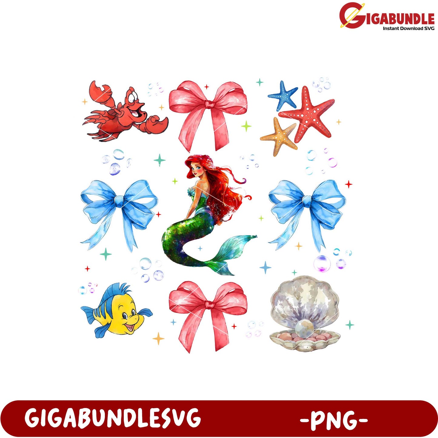 Ariel Mermaid Themed PNG Bundle with Bows Starfish