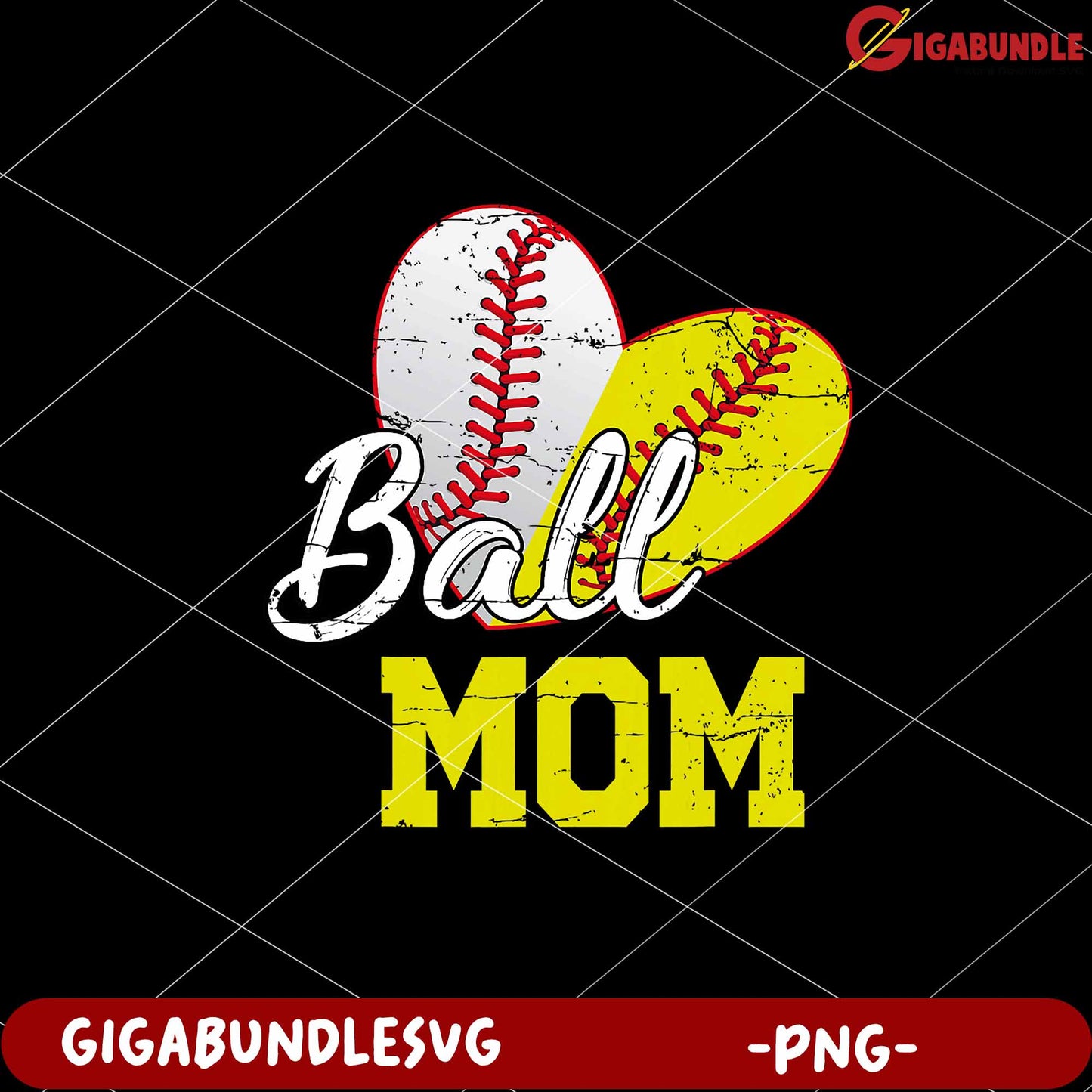 Ball Mom Baseball Heart Design PNG Downloadable Art