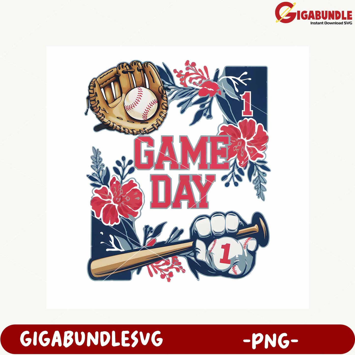 Baseball Game Day Floral Design PNG Product Download