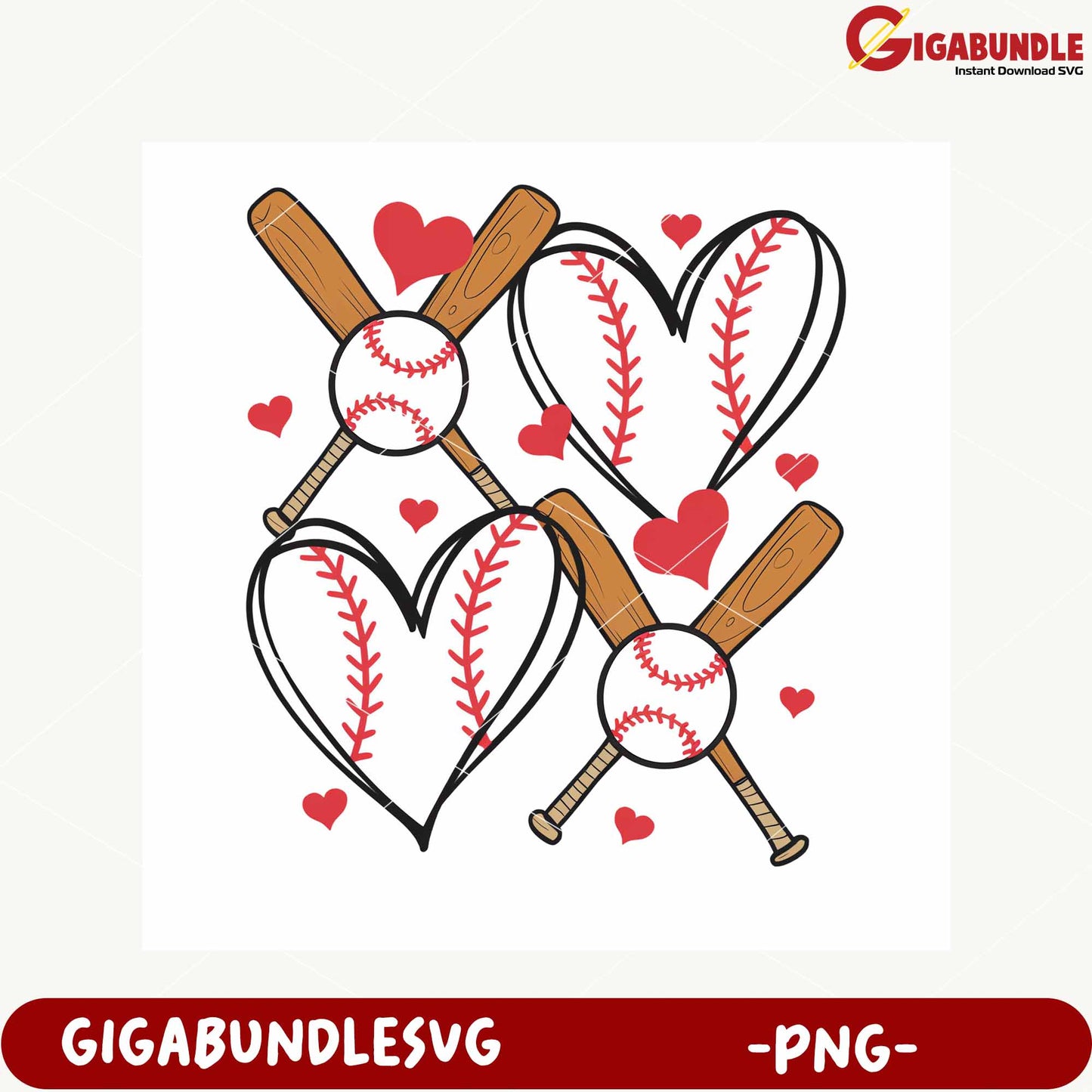 Baseball Hearts Design with Bats Art PNG Format