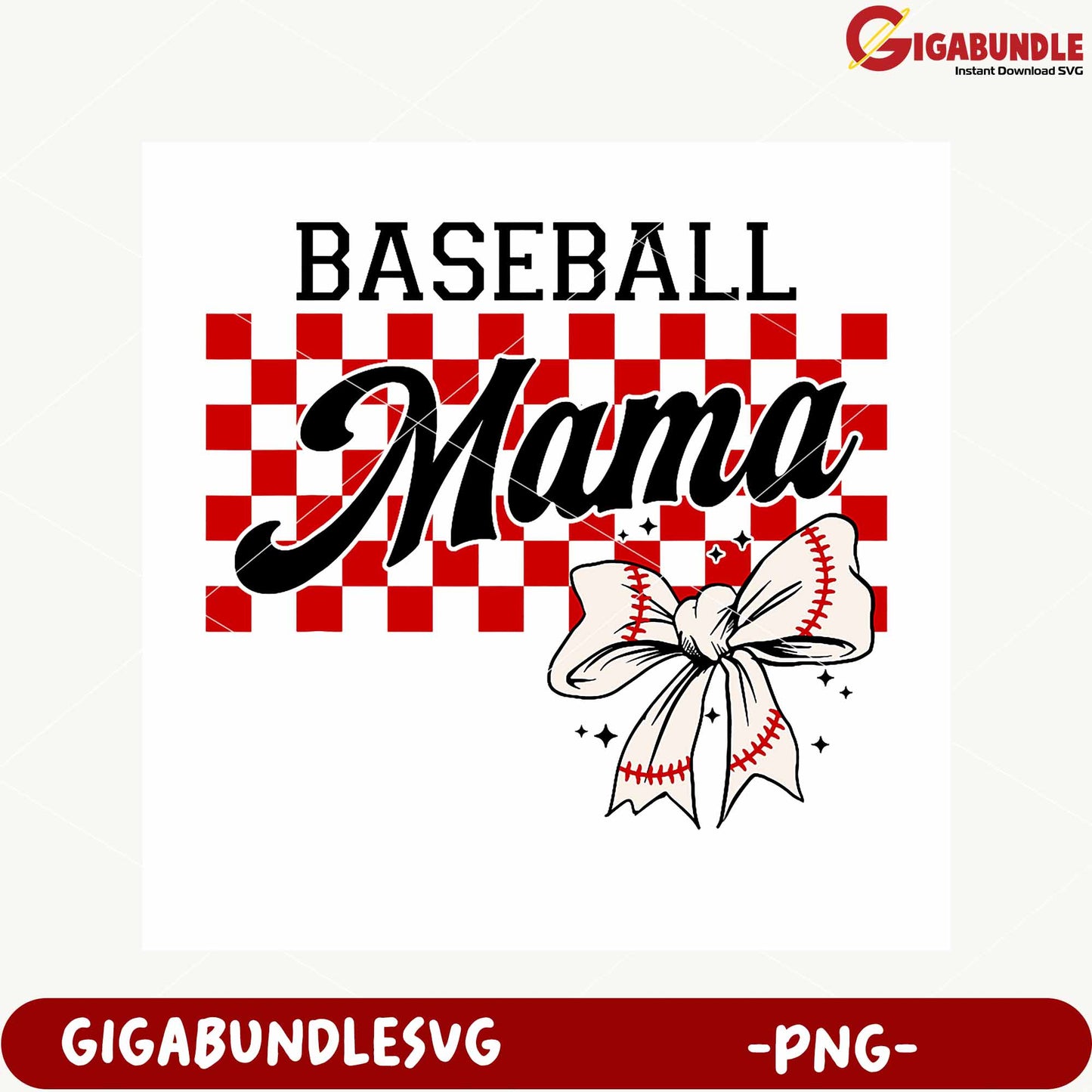 Baseball Mama Design with Bow and Checkered Pattern PNG