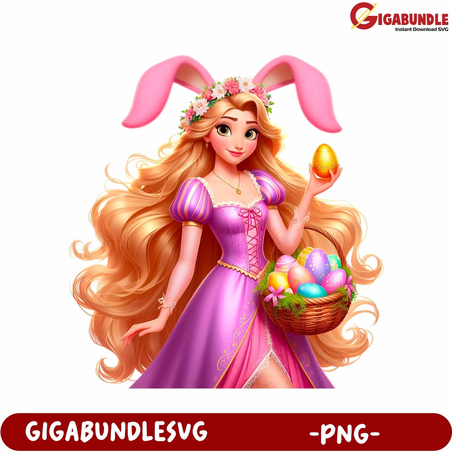 Beautiful Bunny Princess Holding Easter Eggs PNG Downloadable Image