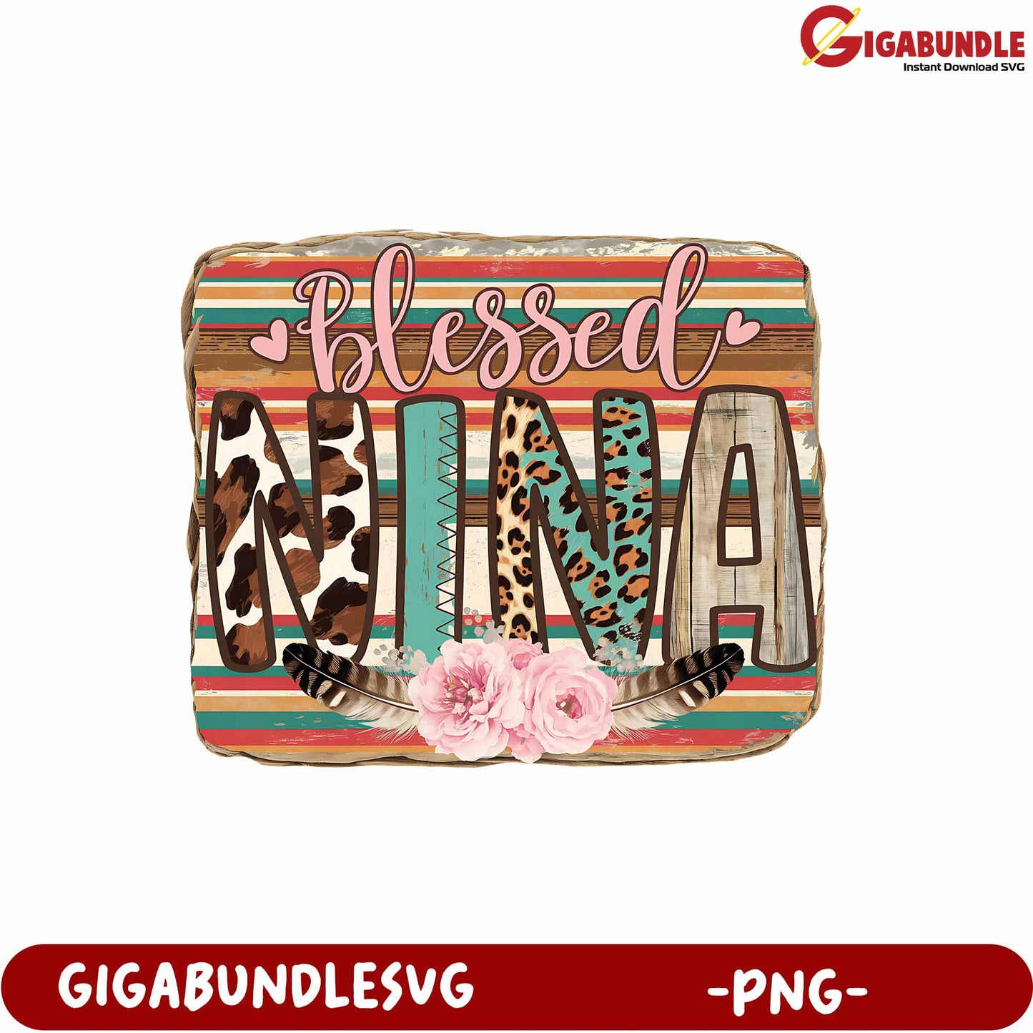 Blessed Nina Rustic Floral Design PNG for Personalized Gifts and Crafts