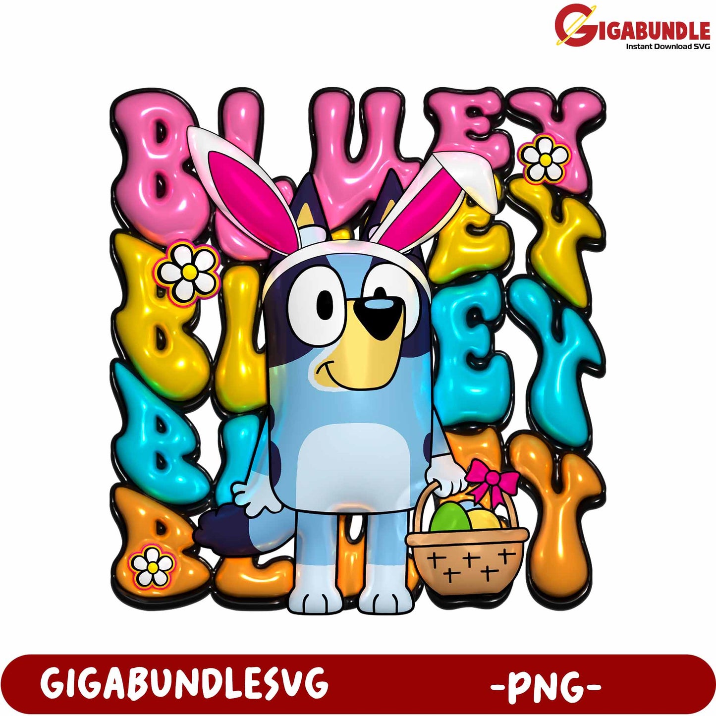 Bluey Bunny Character PNG with Colorful Text Design Download
