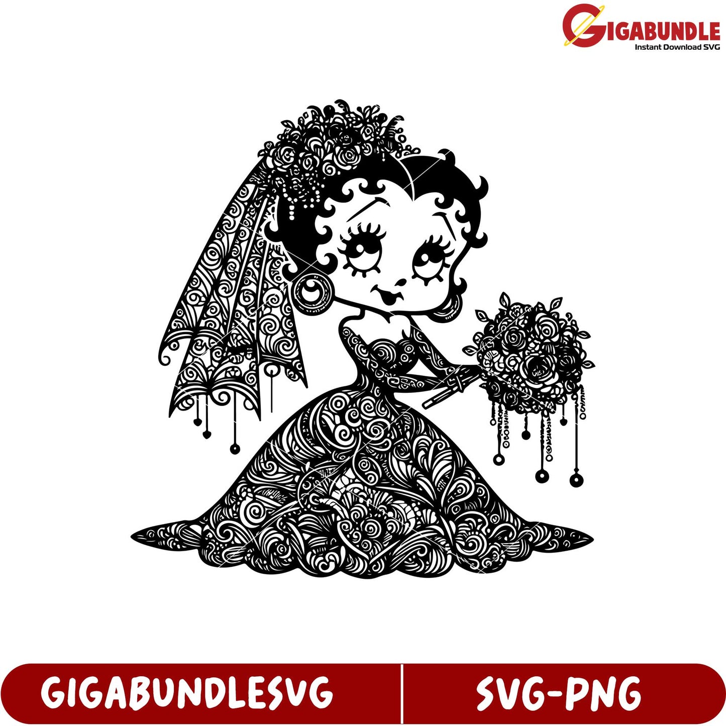 Bridal SVG Design Elegant Bride Holding Bouquet with Decorative Elements