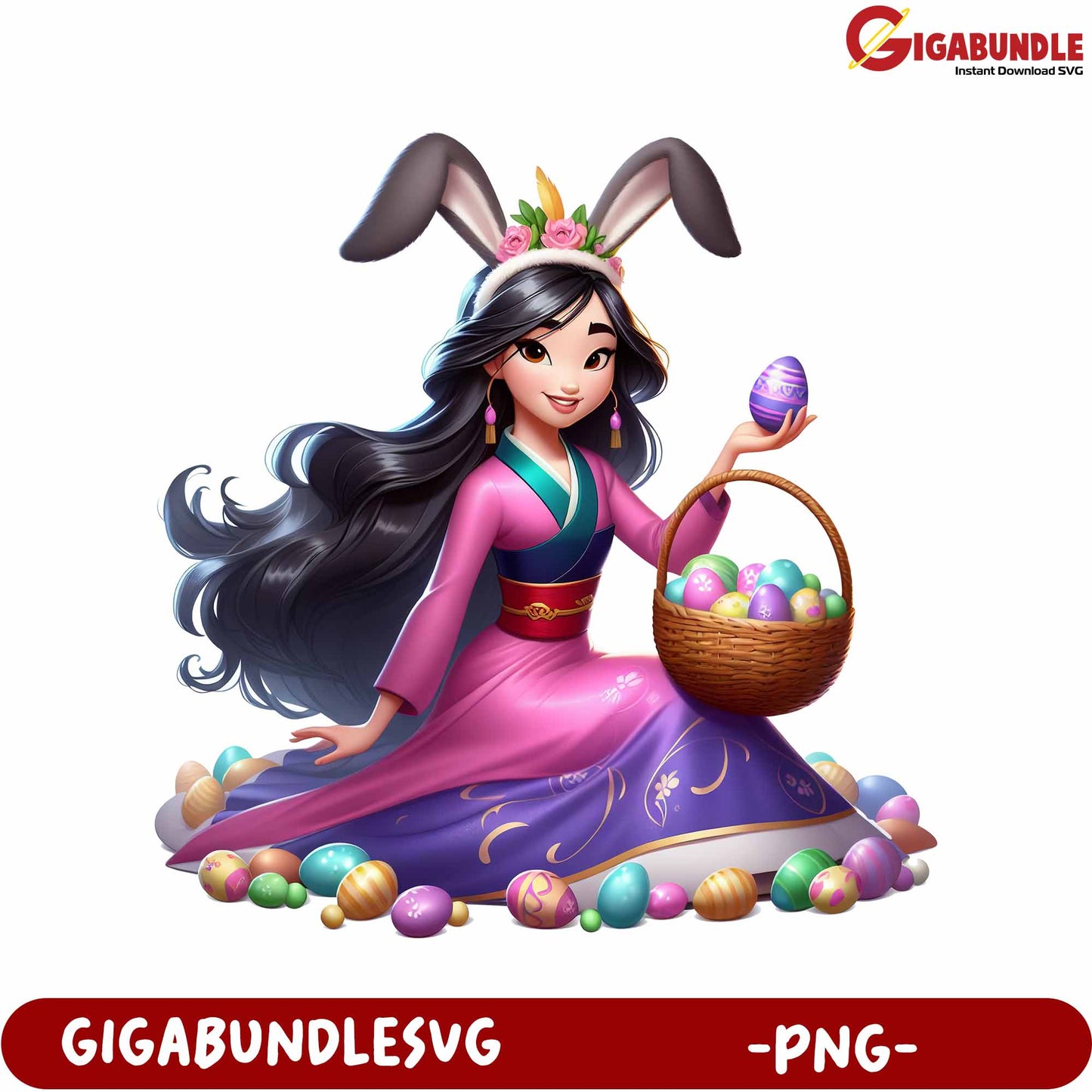 Bunny Ears Girl with Easter Eggs PNG Digital Clipart Design