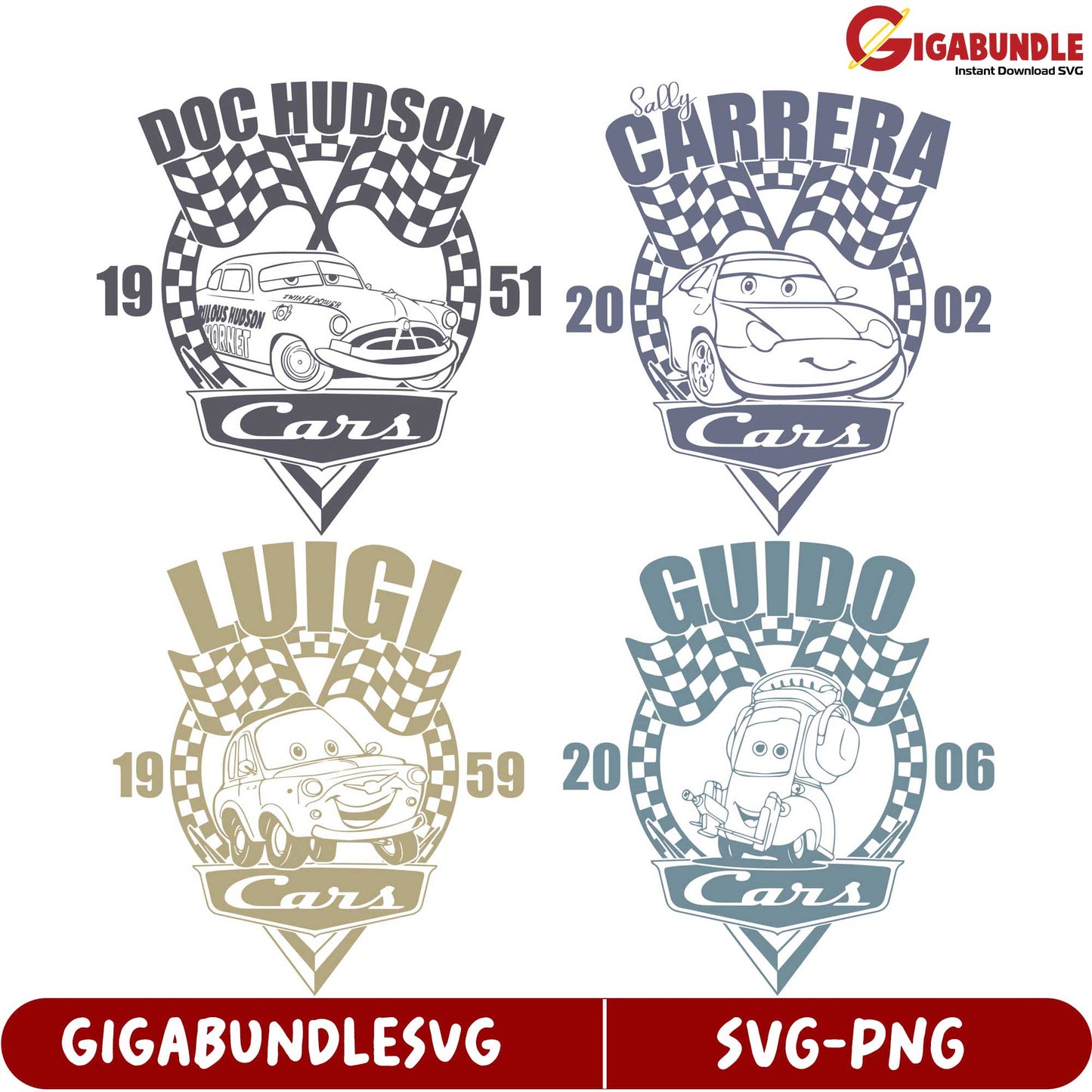 Cars Characters SVG Bundle Doc Hudson, Sally, Luigi & Guido