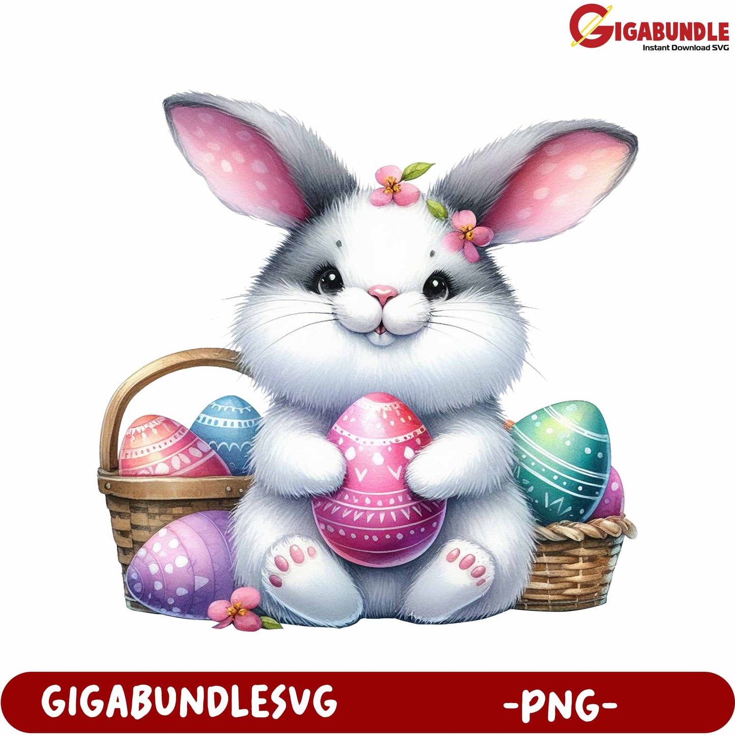 Charming Easter Bunny with Colorful Eggs – PNG Graphic Download