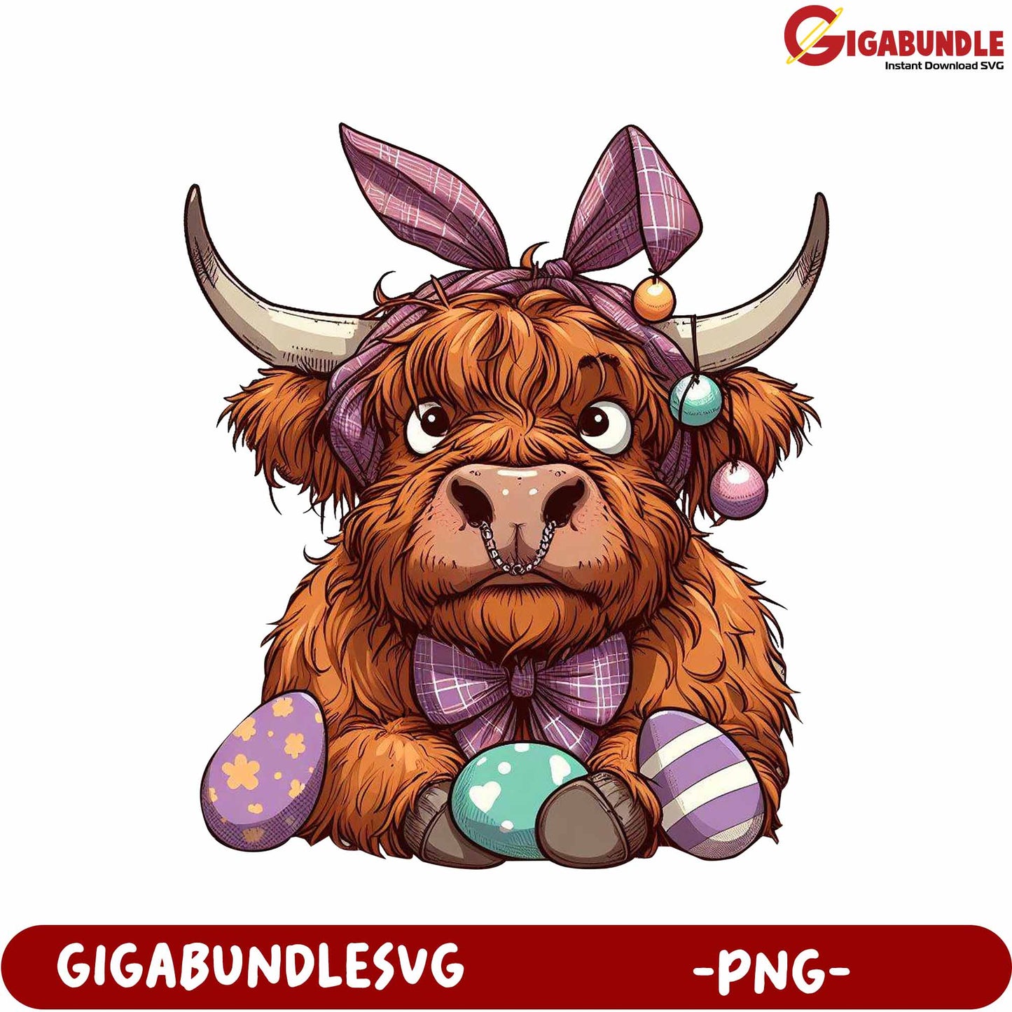 Charming Highland Cow with Easter Eggs PNG Graphic Download