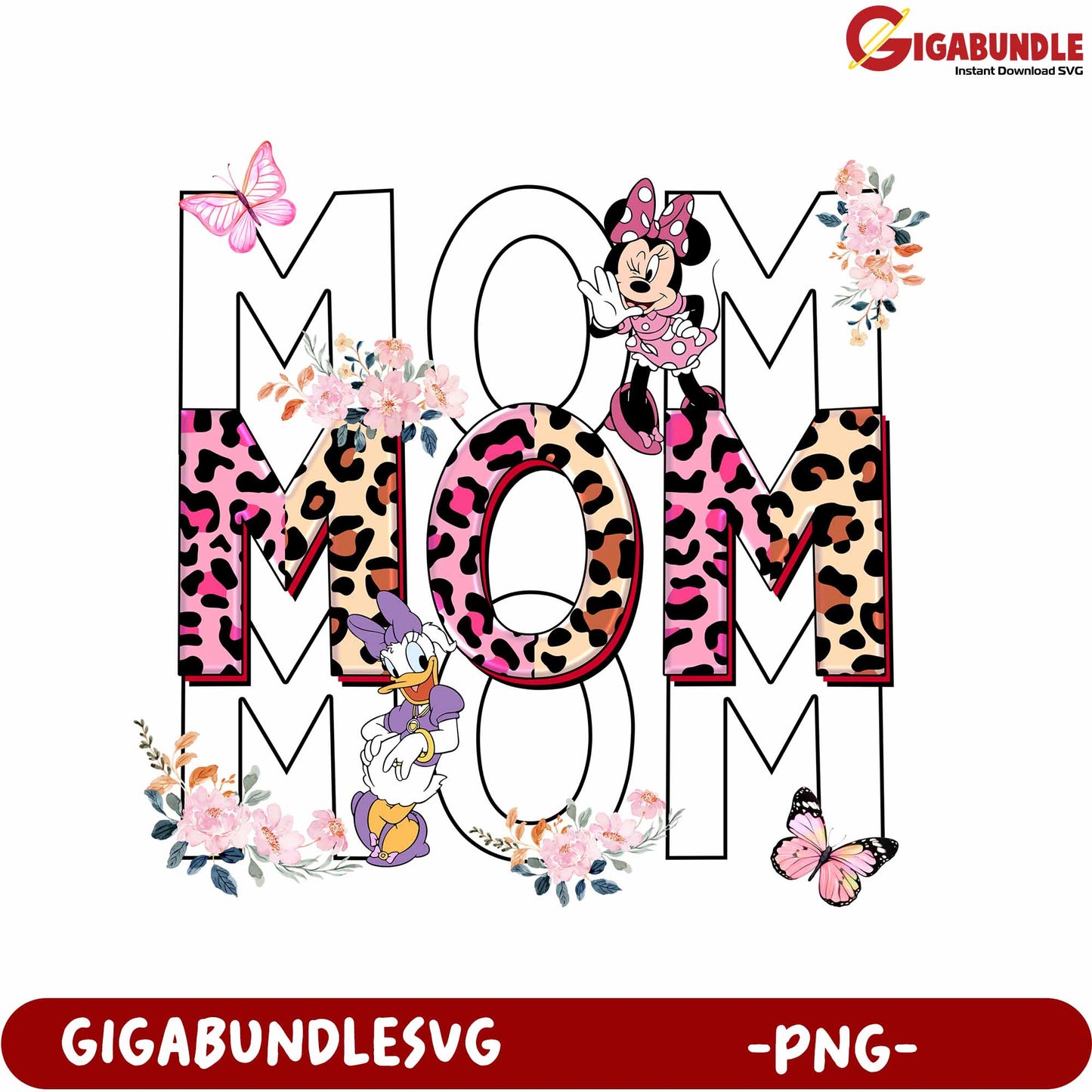 Charming Mom Design with Disney Characters and Floral Elements PNG