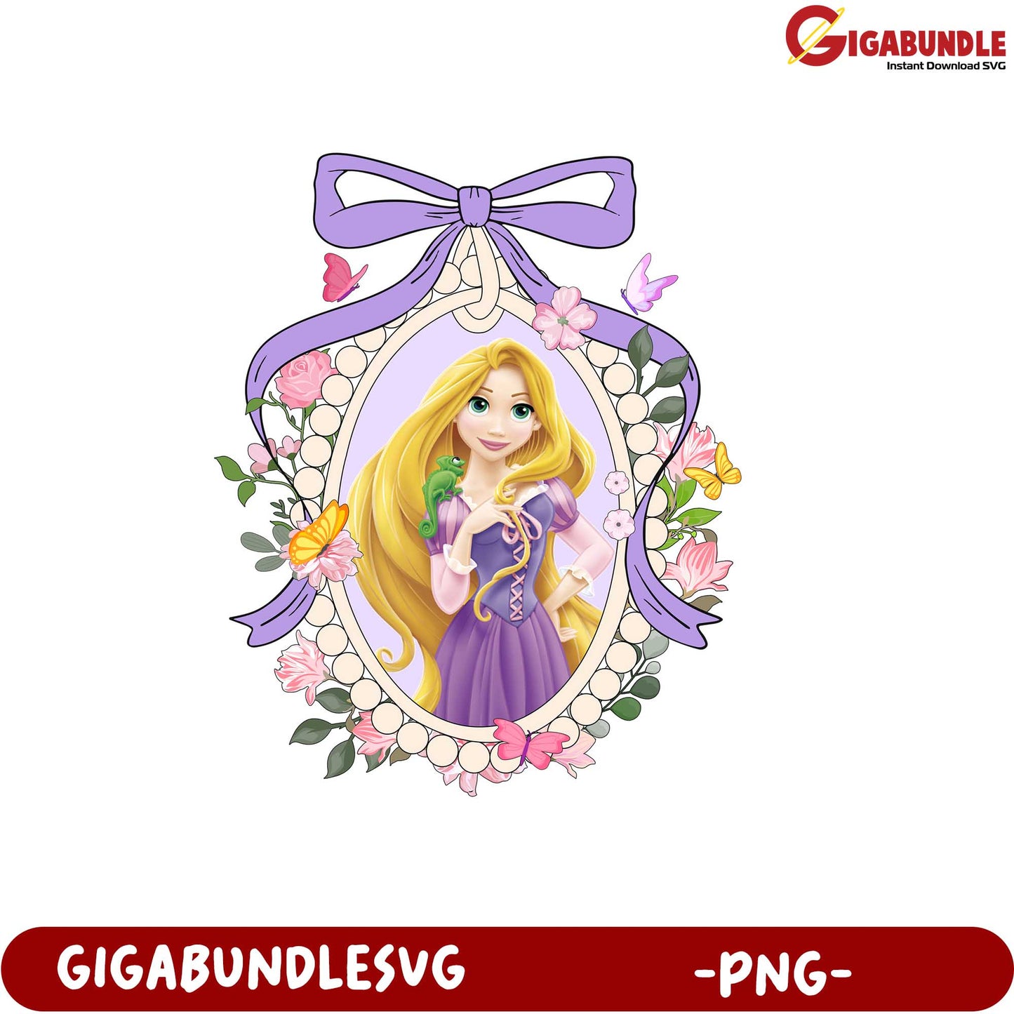Charming Princess Illustration with Floral Frame and Butterflies PNG