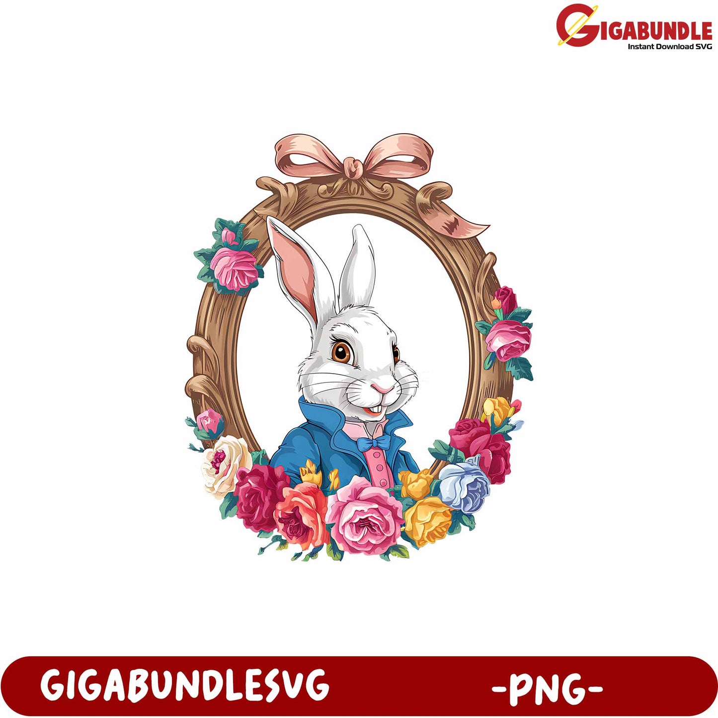 Charming Rabbit Portrait with Floral Frame in PNG Format
