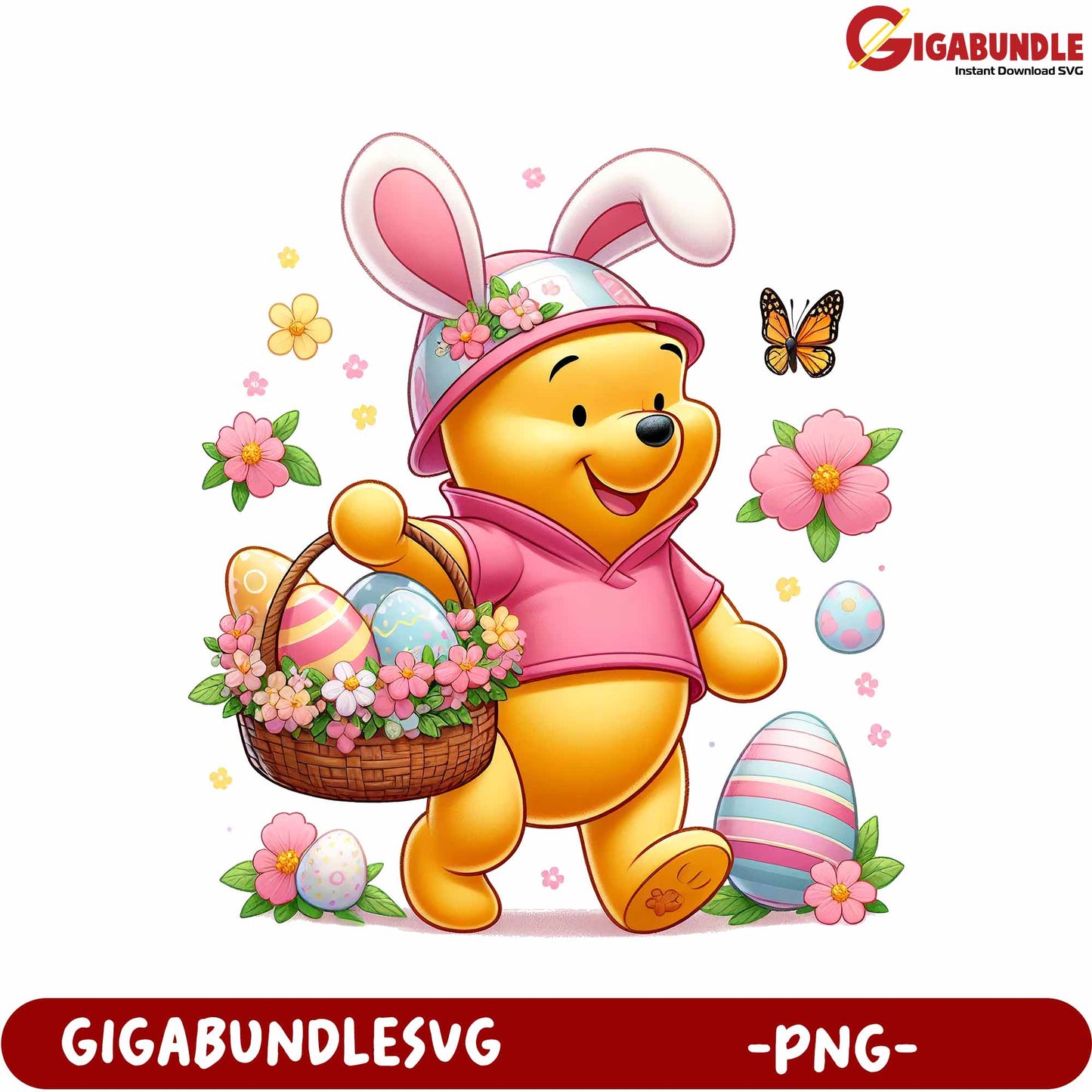 Cheerful Cartoon Bear with Easter Basket and Flowers PNG Design