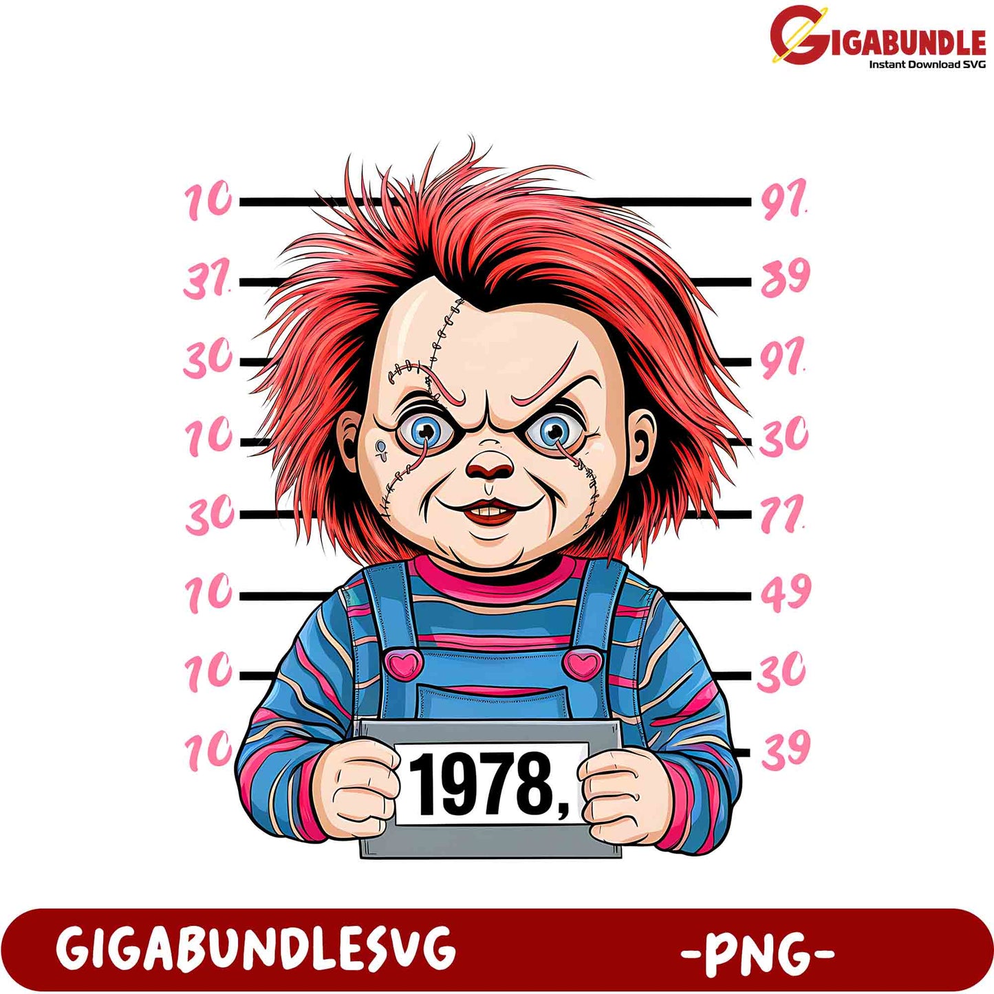 Chucky Mugshot PNG Art – Retro Horror Movie Character Design