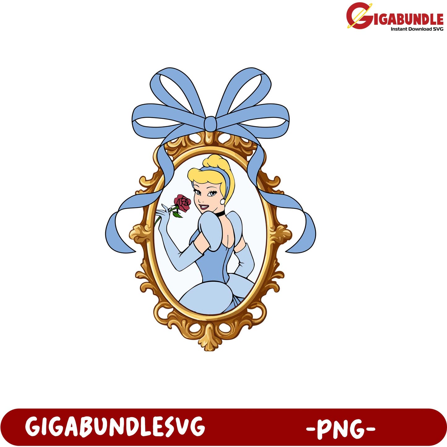 Cinderella PNG Graphic Vintage Frame with Ribbon and Rose Design