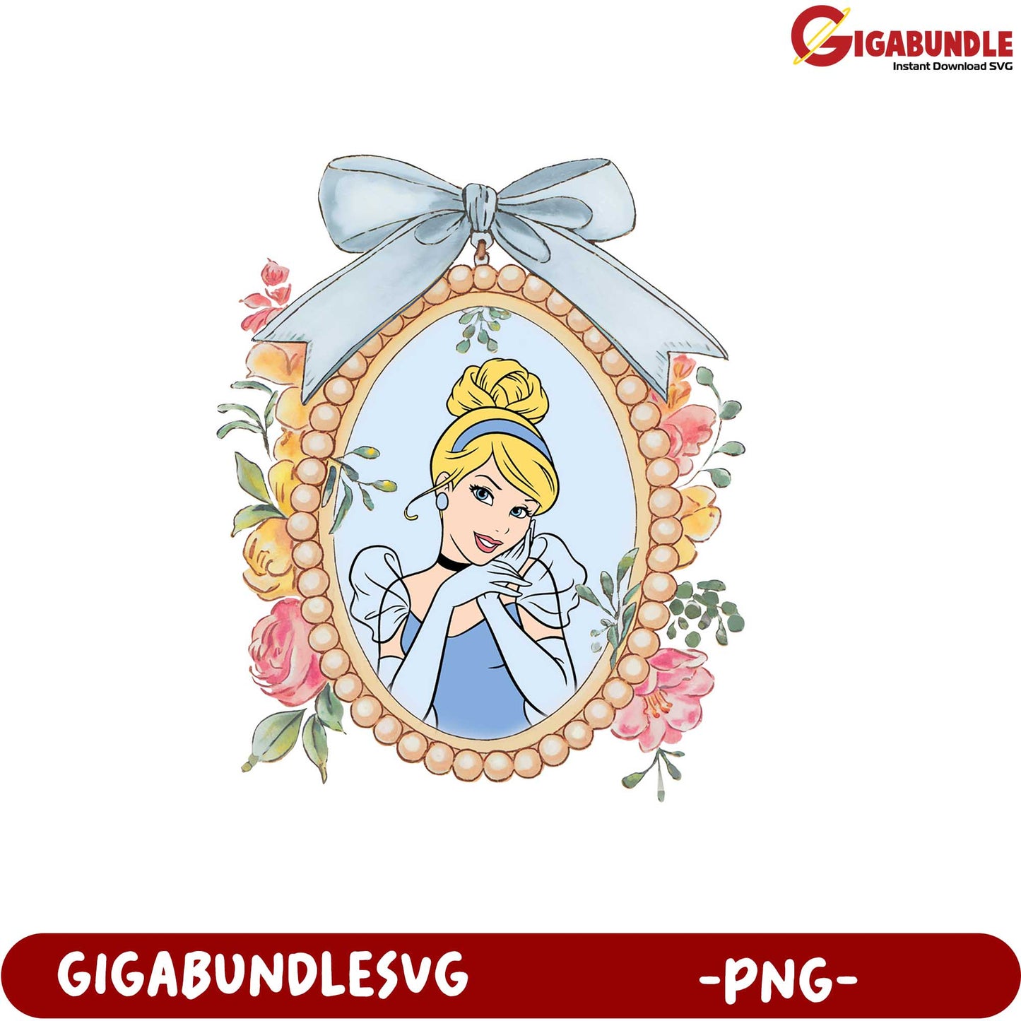 Cinderella Portrait Floral Frame PNG Design for Digital Use