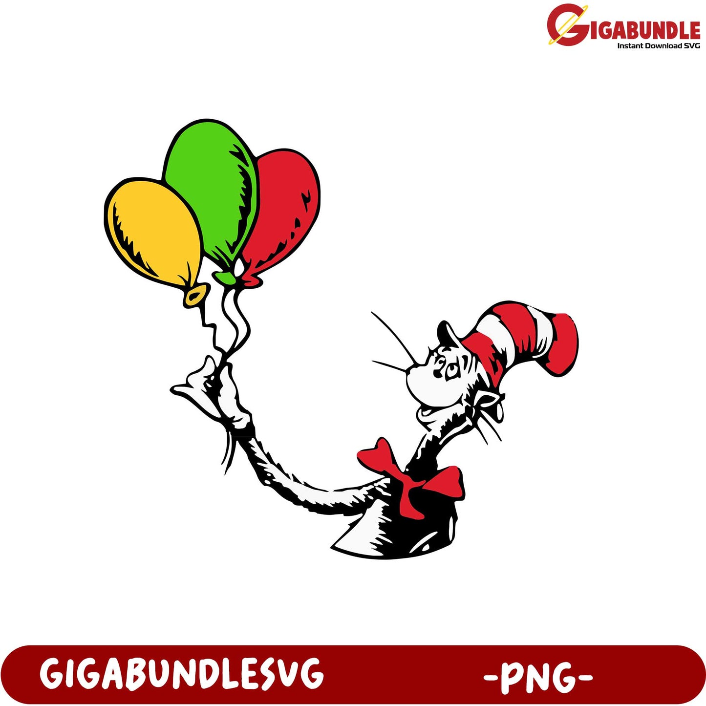 Colorful Balloon Cat in the Hat PNG Fun Printable Design