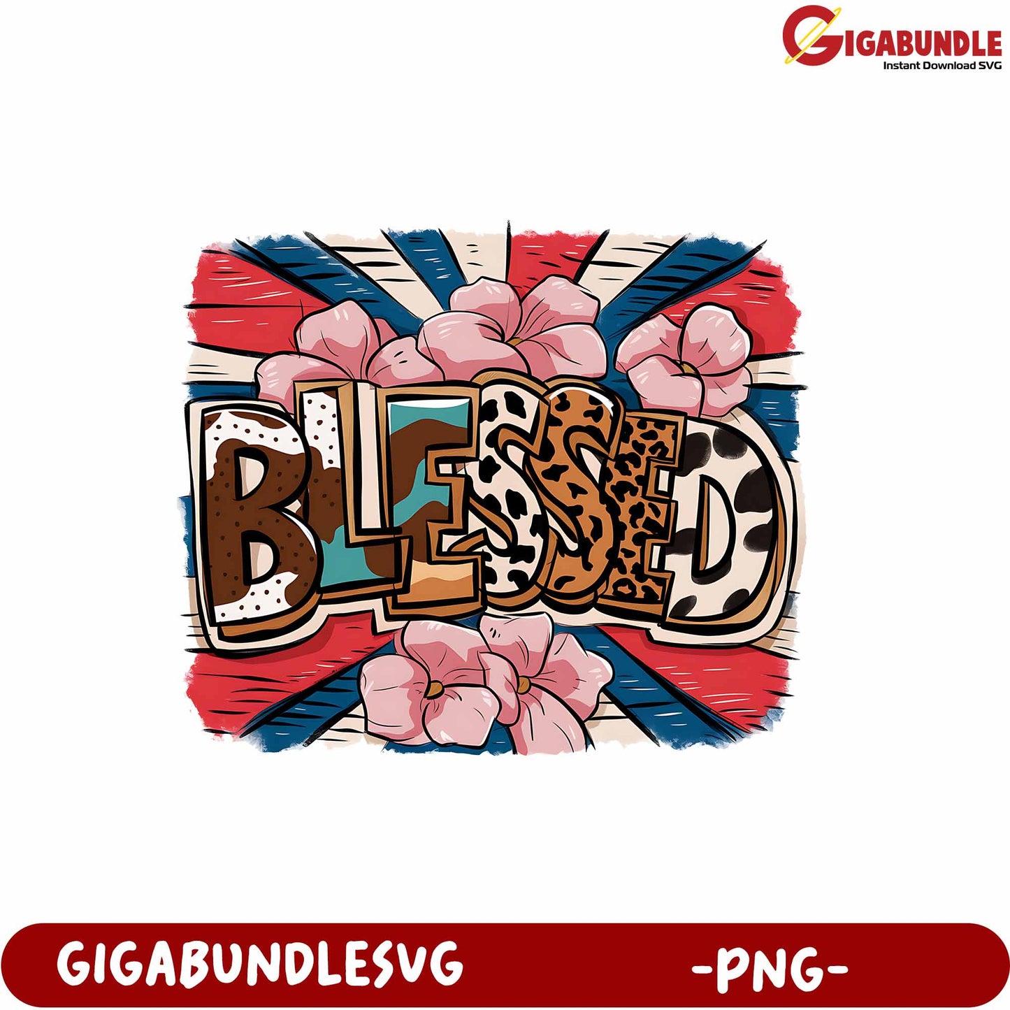 Colorful Blessed Art Design with Floral Elements in PNG Format