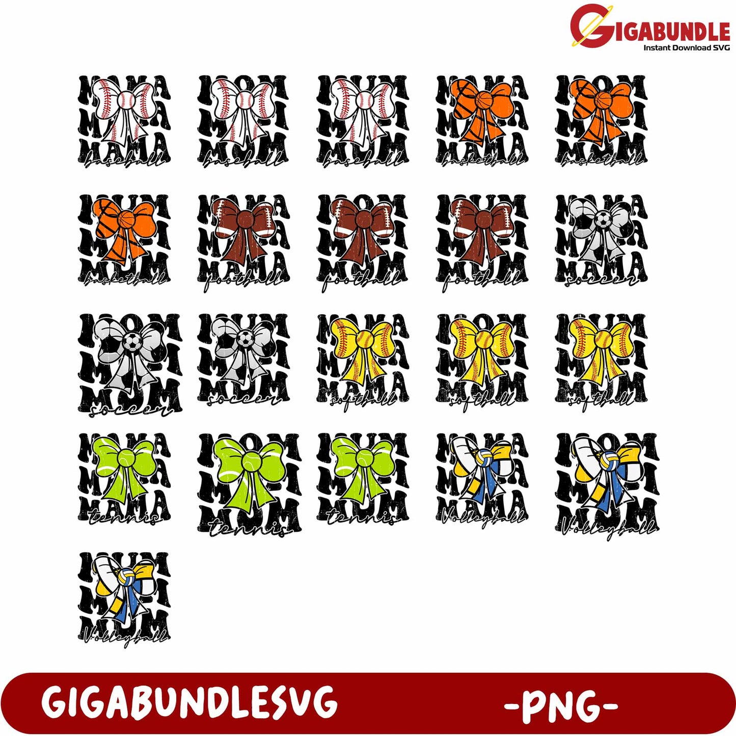 Colorful Bow Graphics for Mama Sports Designs in PNG Format