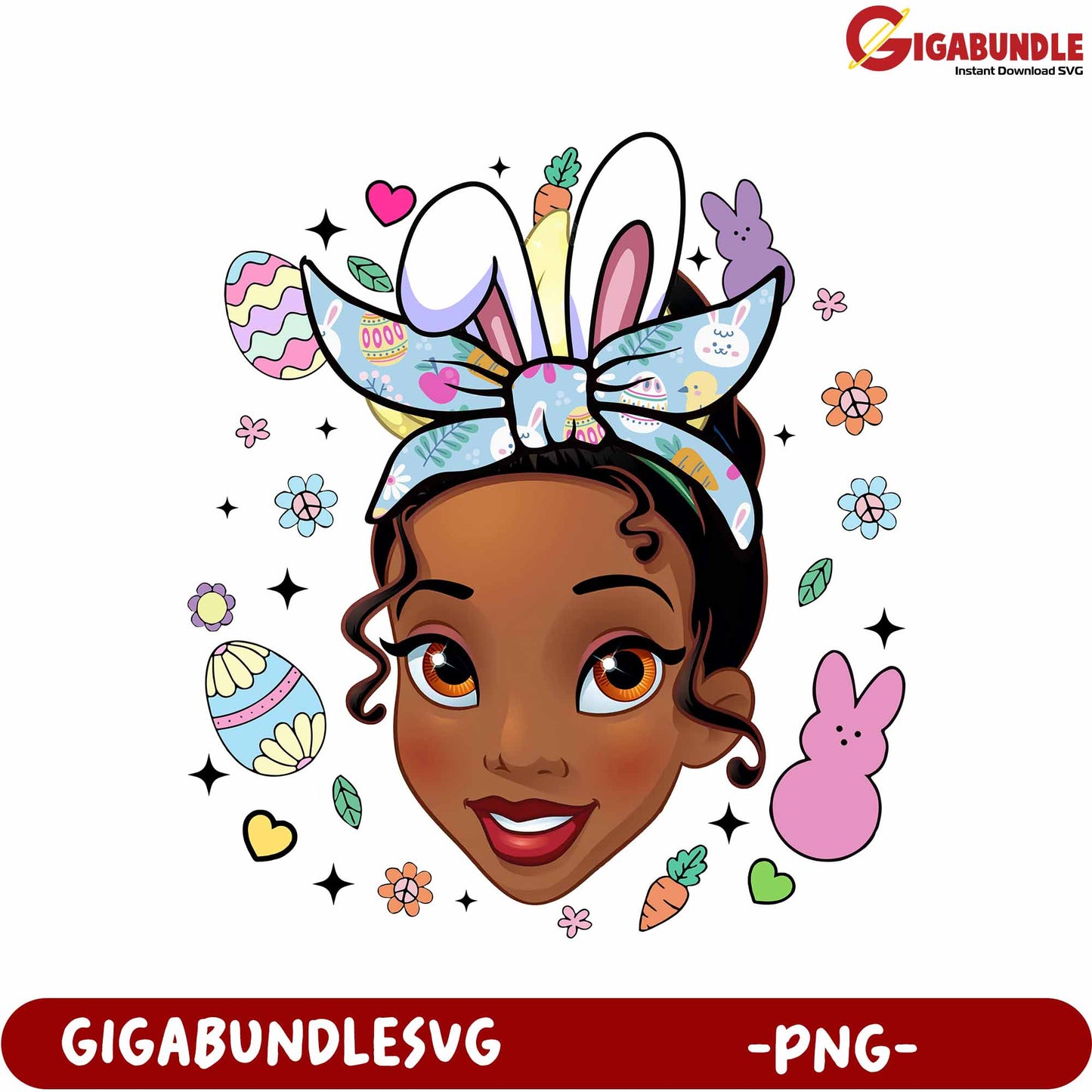 Colorful Bunny Girl PNG with Easter Elements and Floral Design