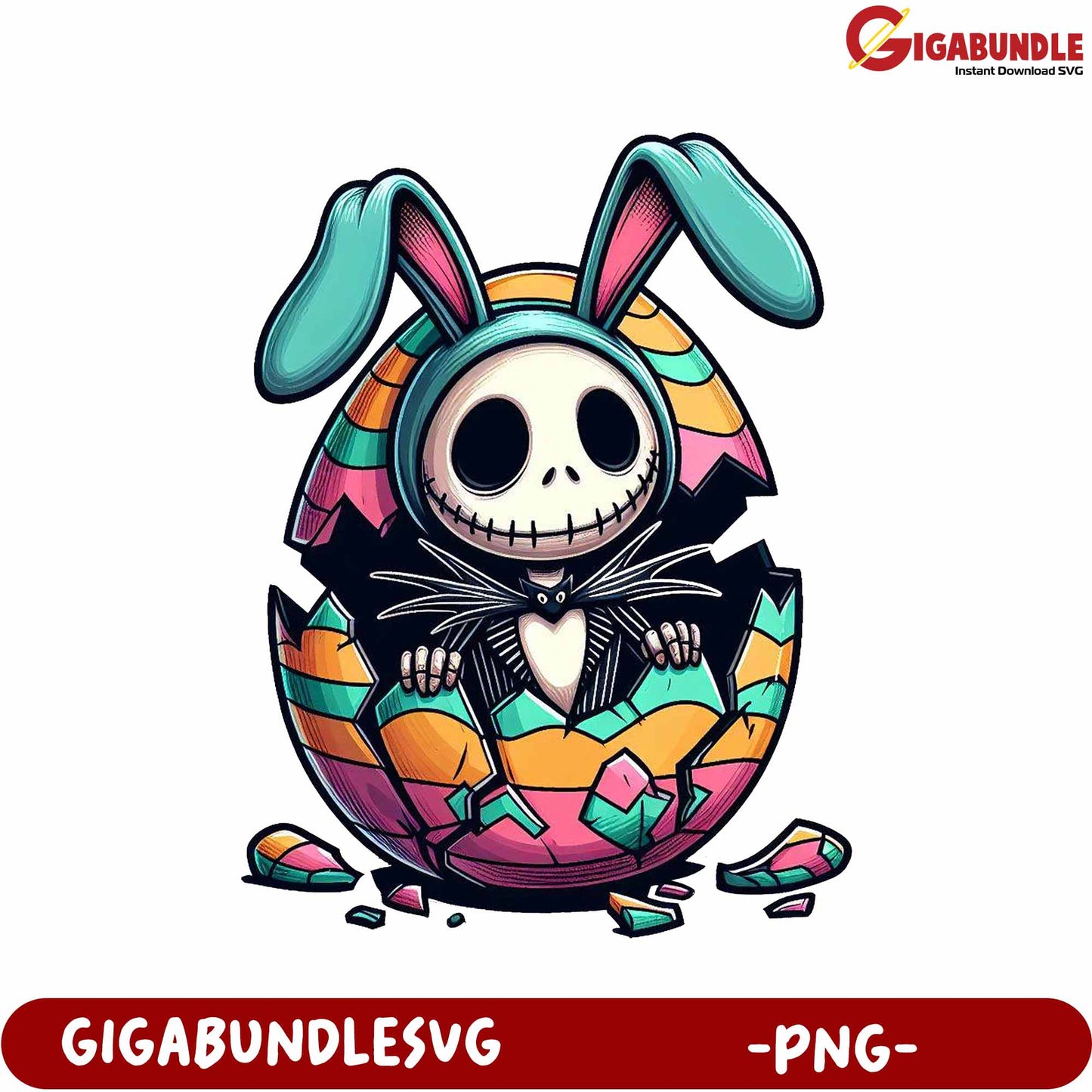 Colorful Bunny Skeleton Emerging from Egg - PNG Graphic Art