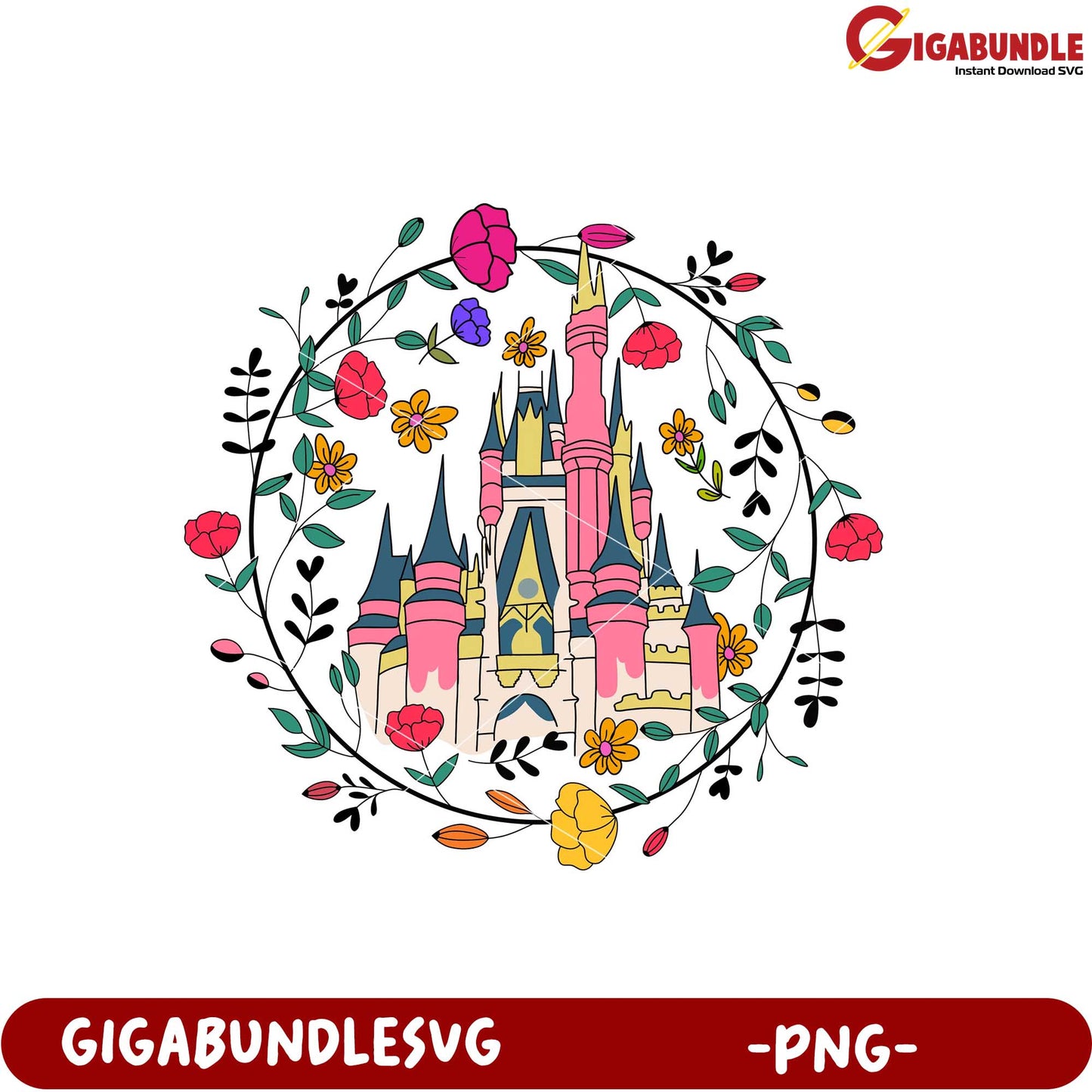 Colorful Castle with Floral Wreath PNG Graphic Design