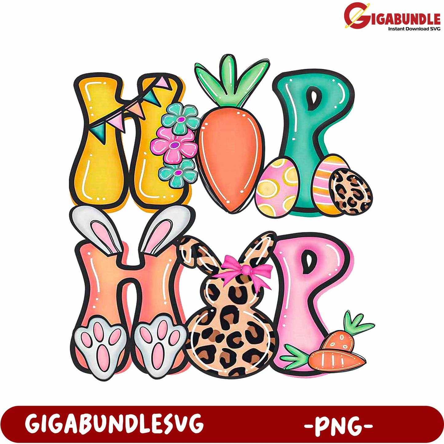 Colorful Easter Bunny Decor with Hop Letters - PNG Design