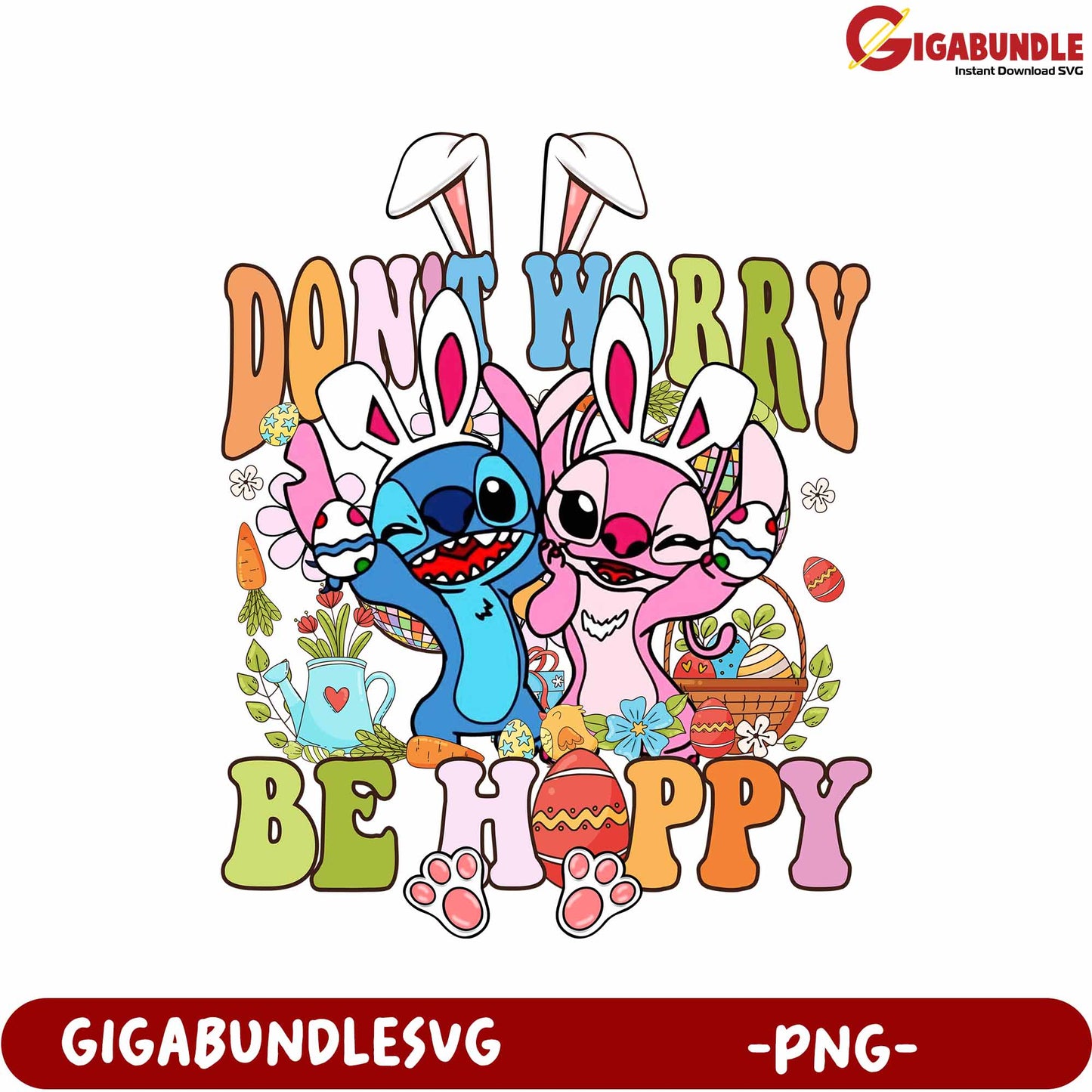 Colorful Easter Bunny Design, Don't Worry Be Happy - PNG