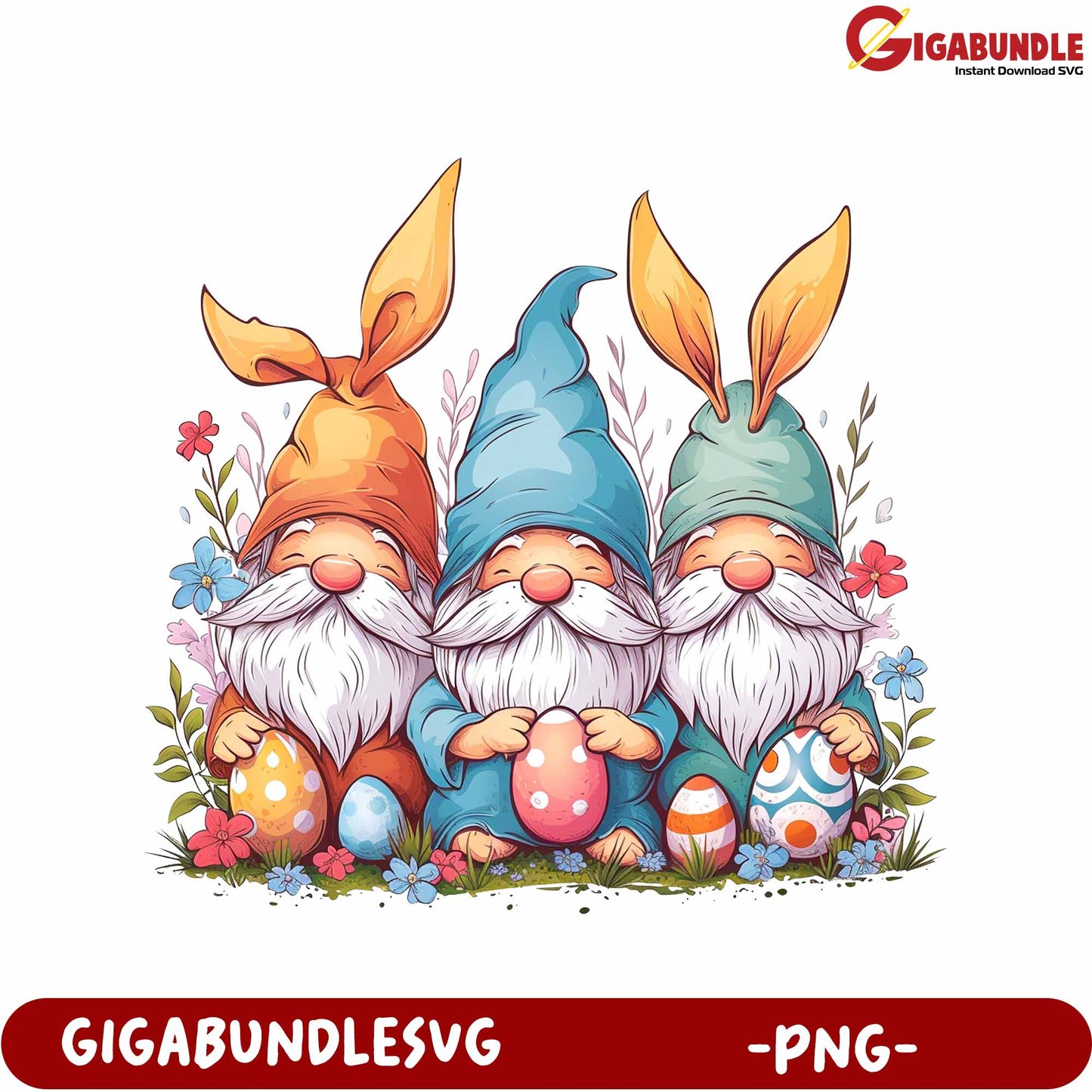 Colorful Gnome Easter PNG Design with Eggs and Flowers