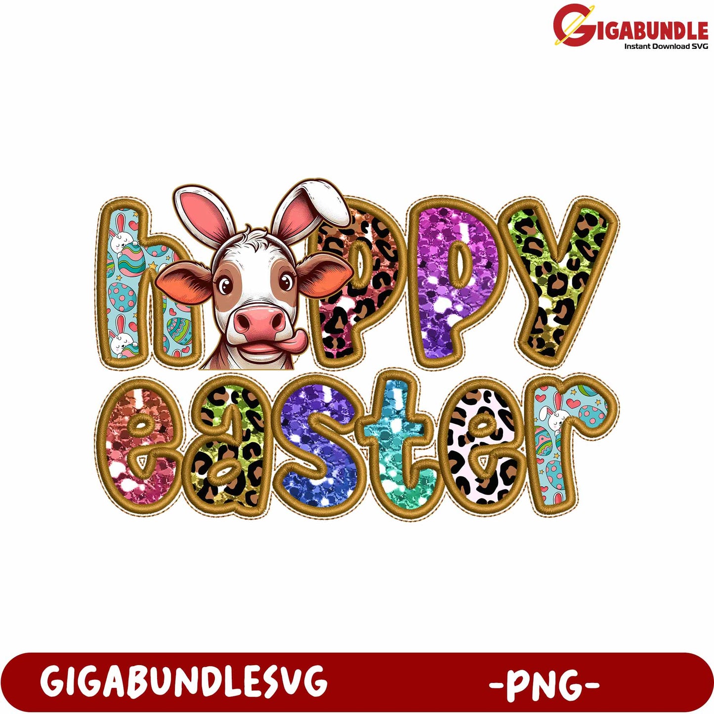 Colorful Happy Easter Cow Design for Celebratory PNG Use