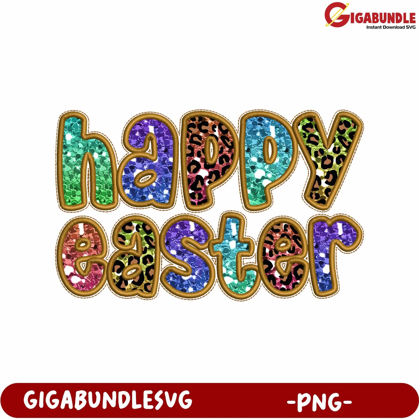 Colorful Happy Easter Design with Glitter and Animal Print - PNG