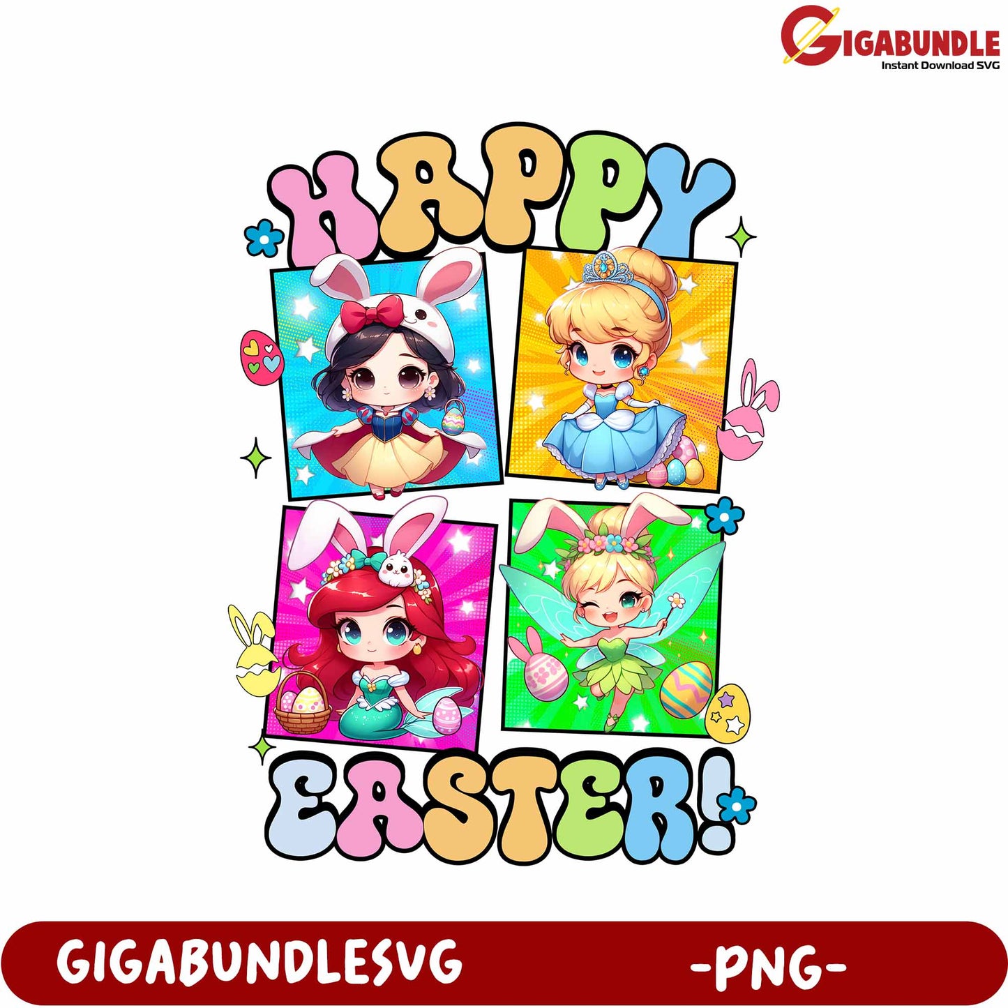 Colorful Happy Easter PNG with Cute Cartoon Characters Design