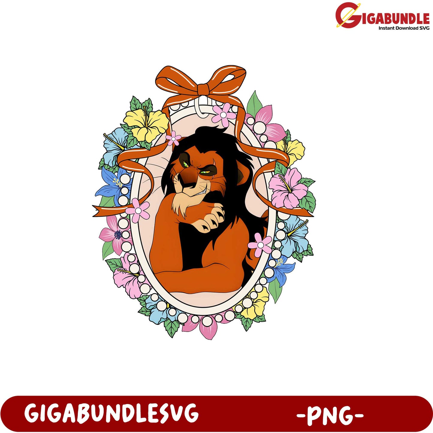 Colorful Lion Illustration in Floral Frame PNG Downloadable Art