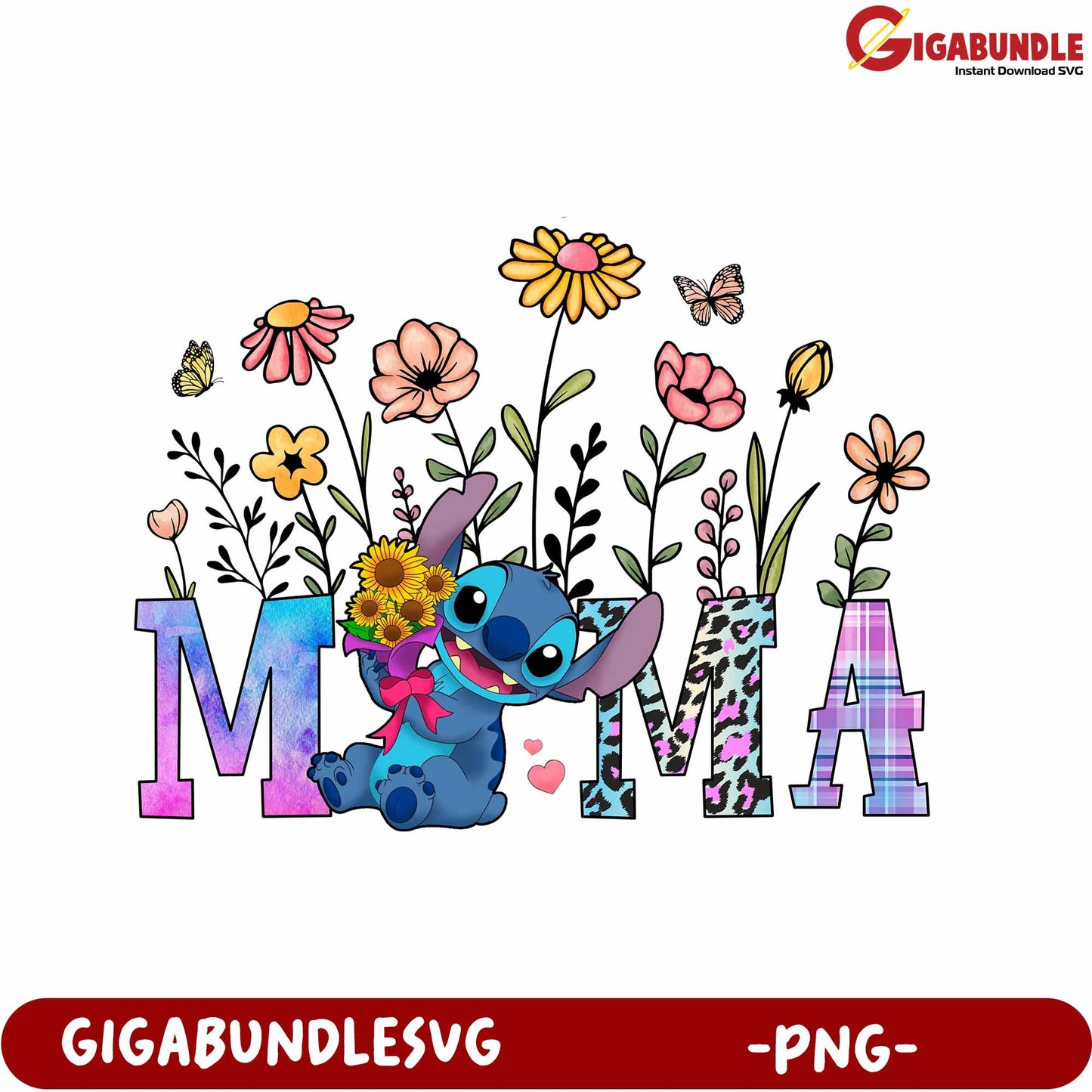 Colorful Mama Floral Design with Stitch Character - PNG Format