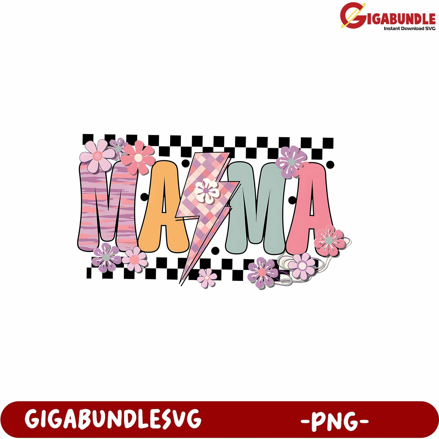 Colorful Mama Graphic Design with Flowers and Lightning Bolt PNG