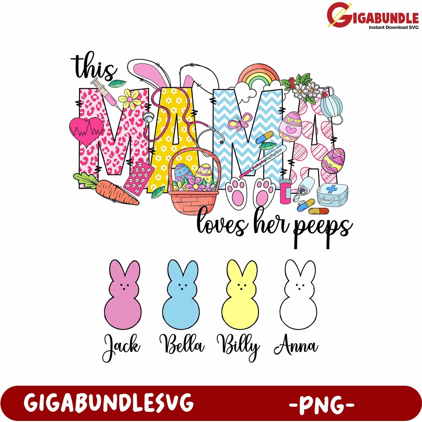 Colorful Mama Loves Her Peeps PNG Design for Easter Celebrations