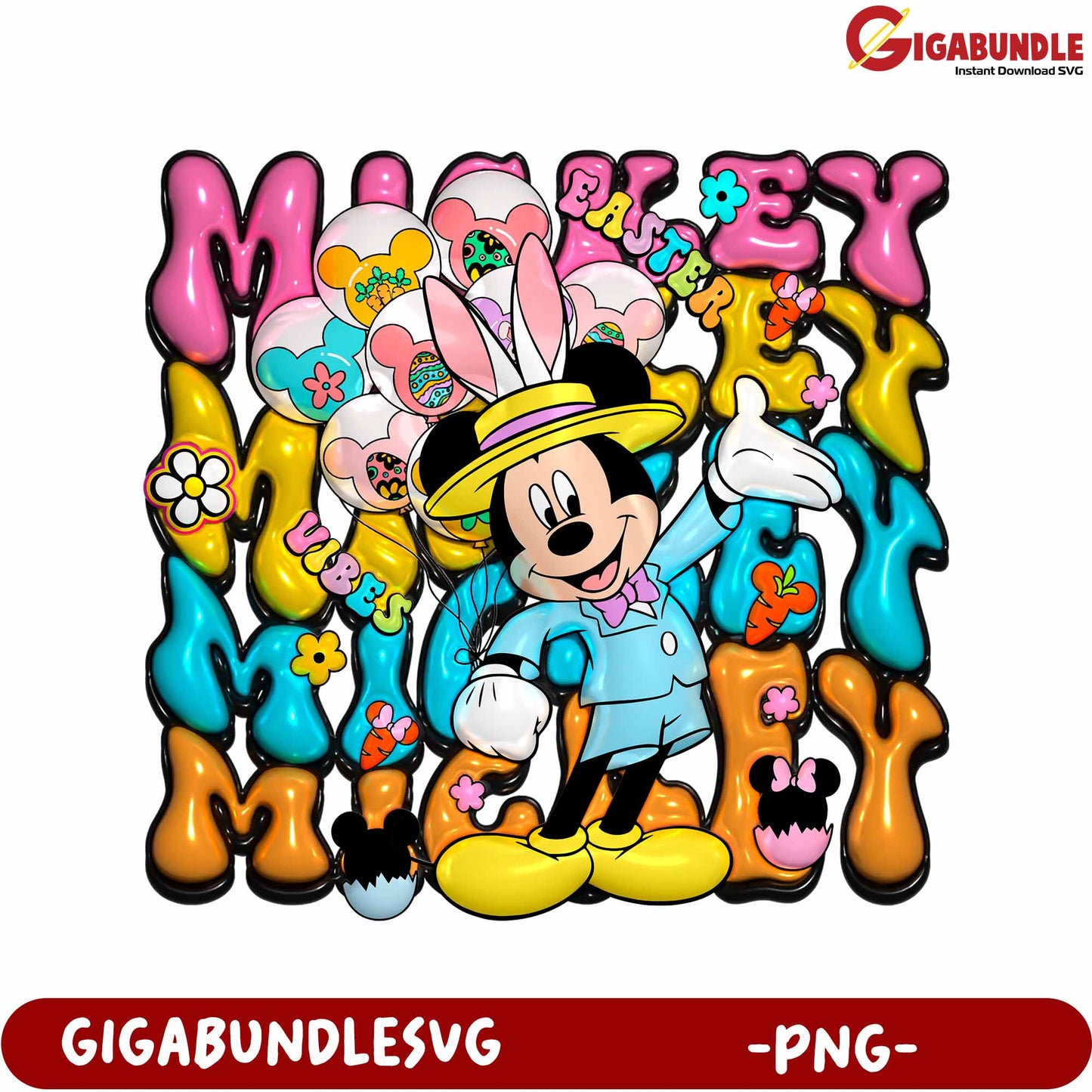 Colorful Mickey Mouse Easter PNG Design with Balloons and Flowers
