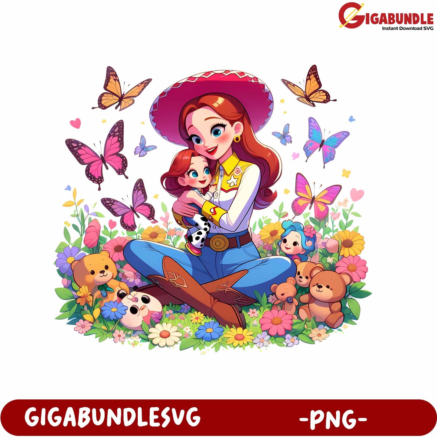 Colorful Mother and Daughter with Butterflies in Blooming Garden