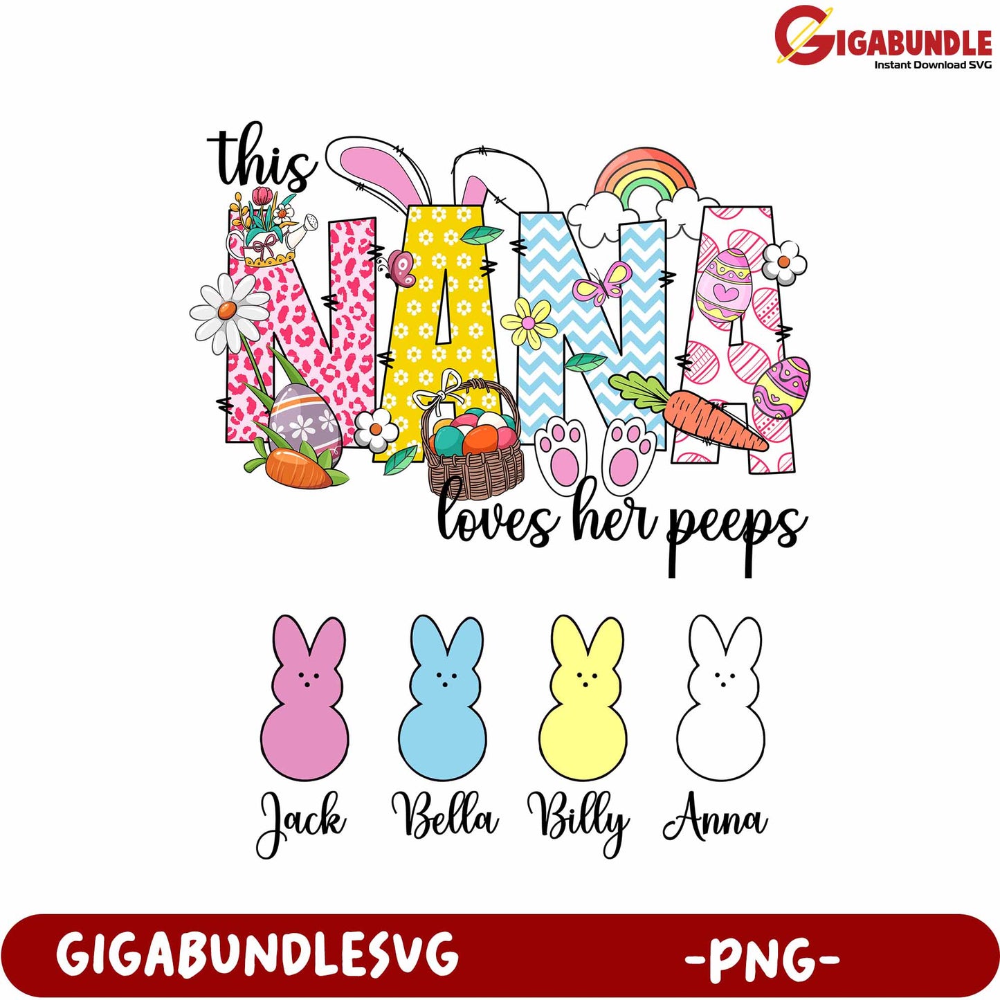 Colorful NANA Artwork with Bunnies and Easter Elements PNG