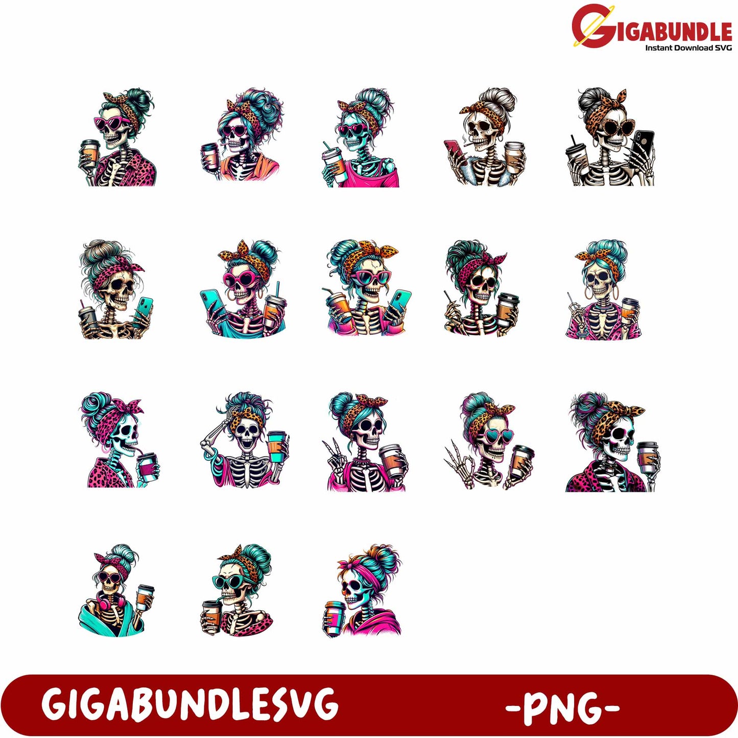 Colorful Skeleton Characters PNG Pack for Creative Designs and Crafts