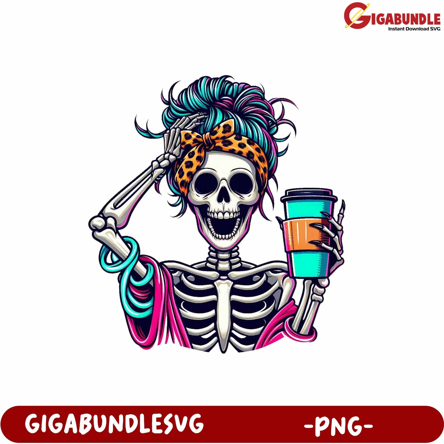 Colorful Skeleton Holding Coffee PNG Graphic for Fun Designs