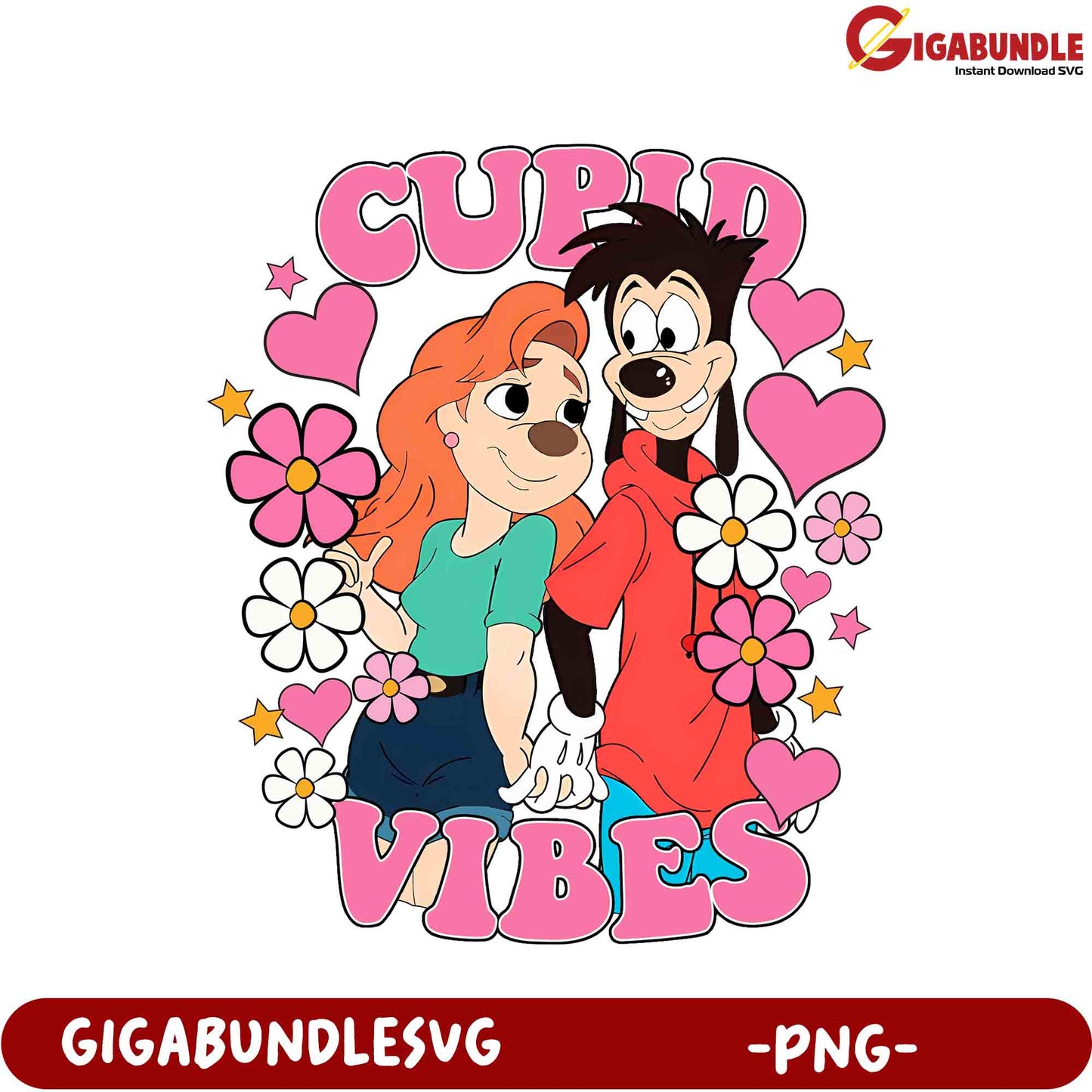 Cupid Vibes PNG Art Cute Cartoon Couple with Flowers and Hearts