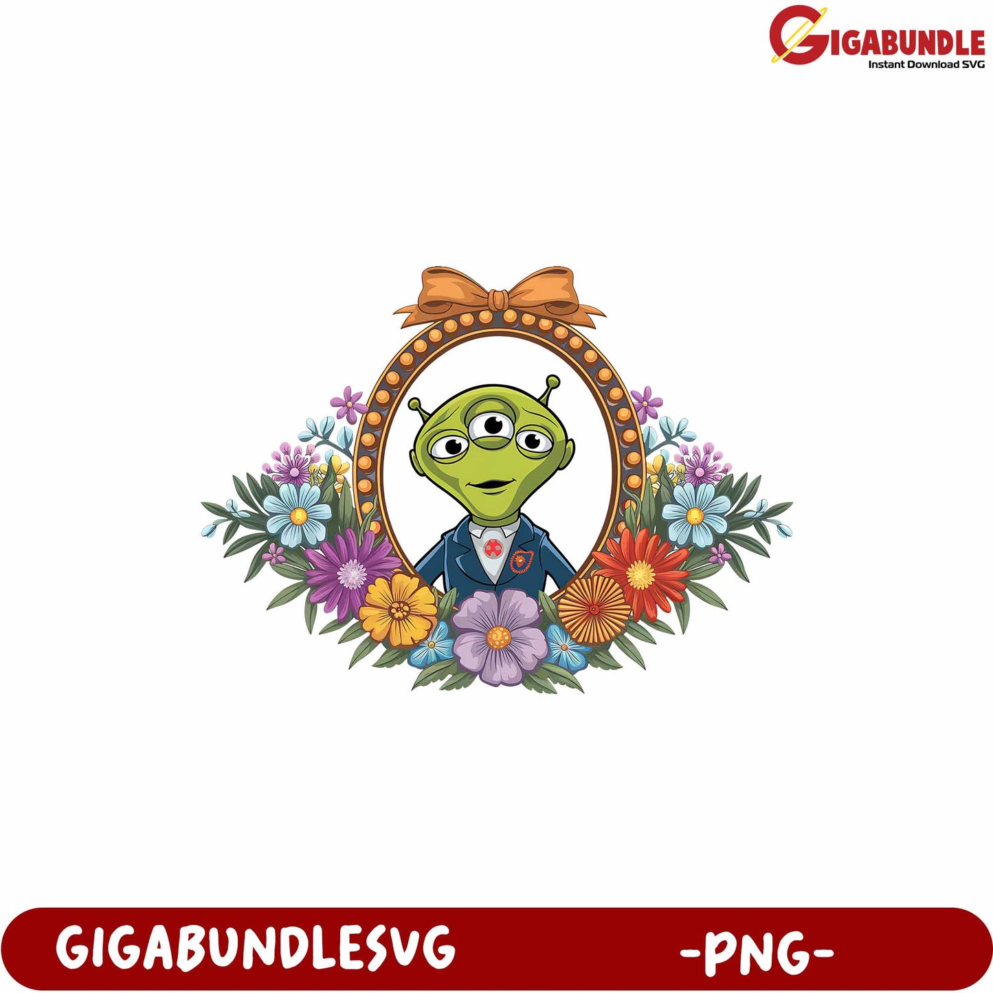 Cute Alien Character with Floral Frame PNG Downloadable Design